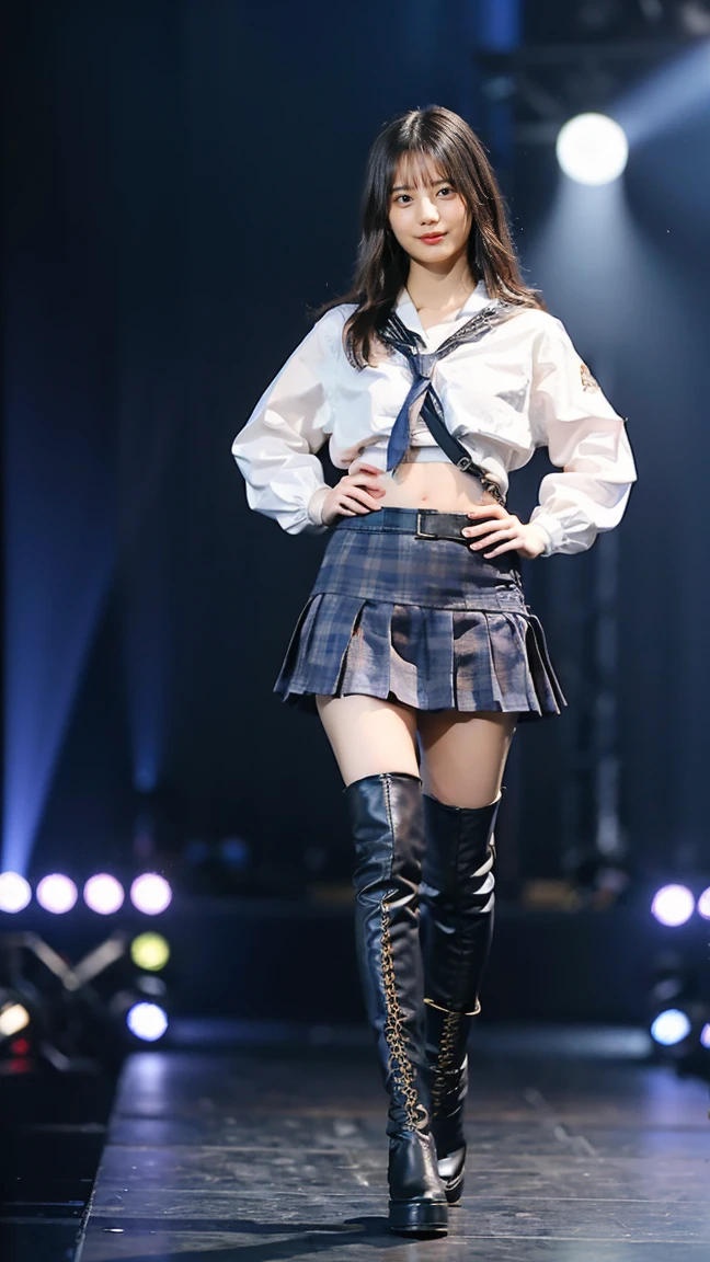 (8K、RAW Photos、Highest quality、masterpiece:1.2)、(Realistic、Realistic)、1 Girl、((one piece、ミニskirt、Belly button、skirt、boots、Big Breasts、whole body、stage、Spotlight、View from the front、Looking into the camera、Stand with one hand on your hip))、