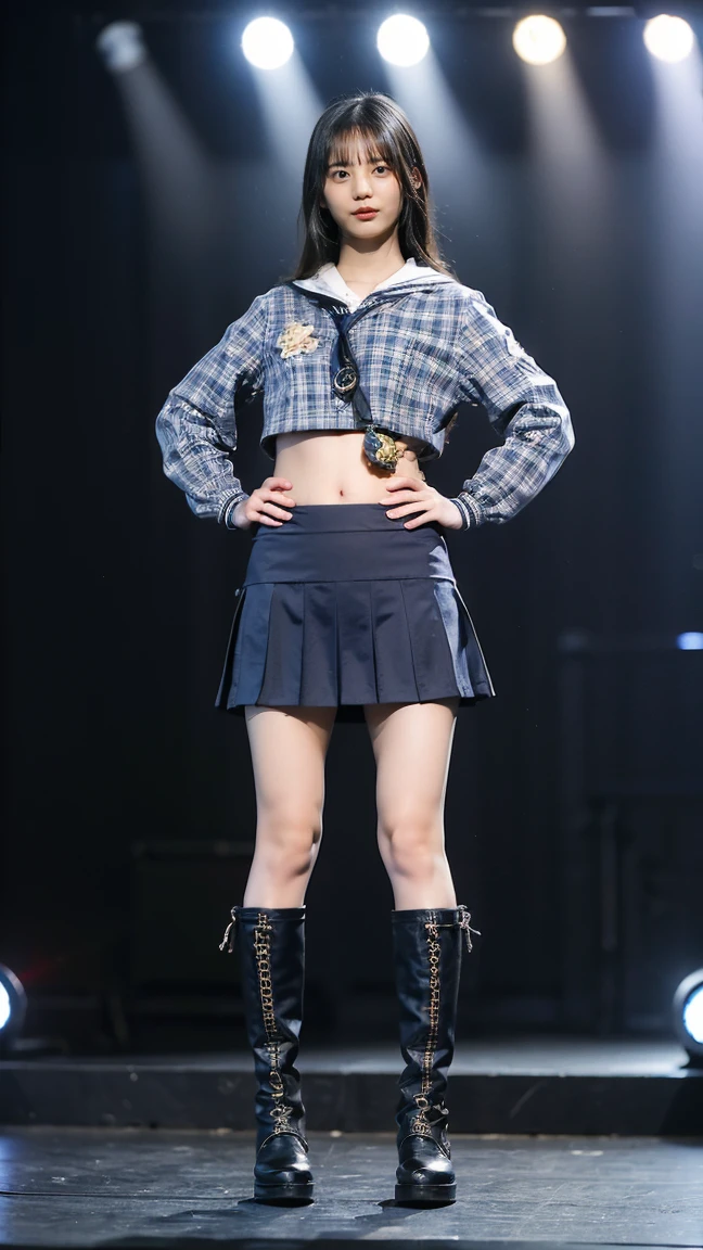 (8K、RAW Photos、Highest quality、masterpiece:1.2)、(Realistic、Realistic)、1 Girl、((one piece、ミニskirt、Belly button、skirt、boots、Big Breasts、whole body、stage、Spotlight、View from the front、Looking into the camera、Stand with one hand on your hip))、