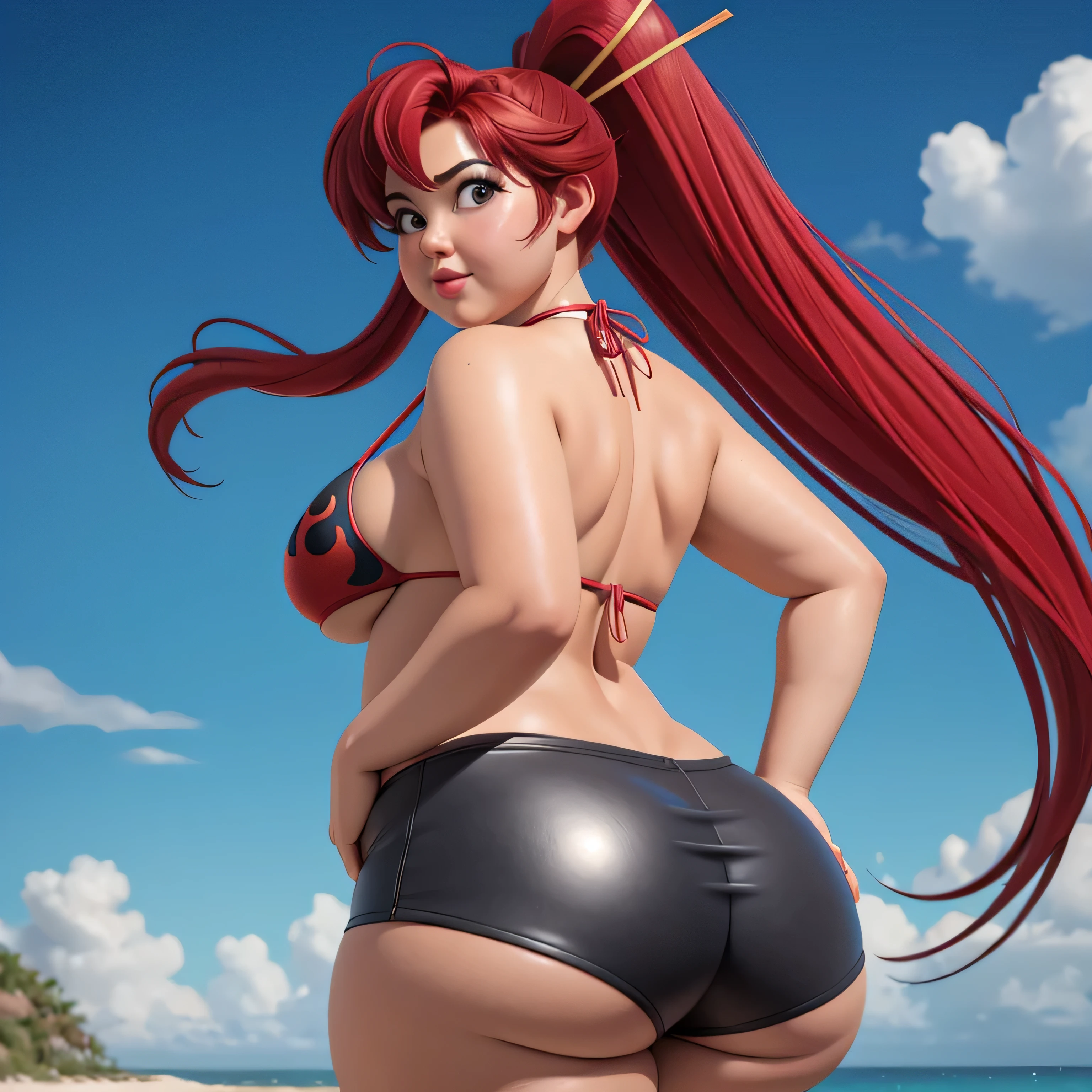(photorealistic painting art, professional foto, 4K:1.0) Yoko Littner, (face detailed), (standing alone), very wide body, ((beautiful detailed background)), curved, very fat, Broad Hips, huge ass, thick and smooth thighs, very fat flabby arms, realistic lighting, high détail, qualidade hd , face detailed, realistic shading, fat rolls, tamanho huge ass, gigantic huge ass breasts overflowing with fat, decote huge ass, heavy, plus size, everything is fat, soft texture, beautiful big eyes, semi-realistic, dynamic angle, pattern clothes, ssbbw, ver very heavy body, fat belly rolls, bulking, weight gain, mukbang, bbw to ssbbw, bikini and thin leather shorts like her original outfit, FATASS