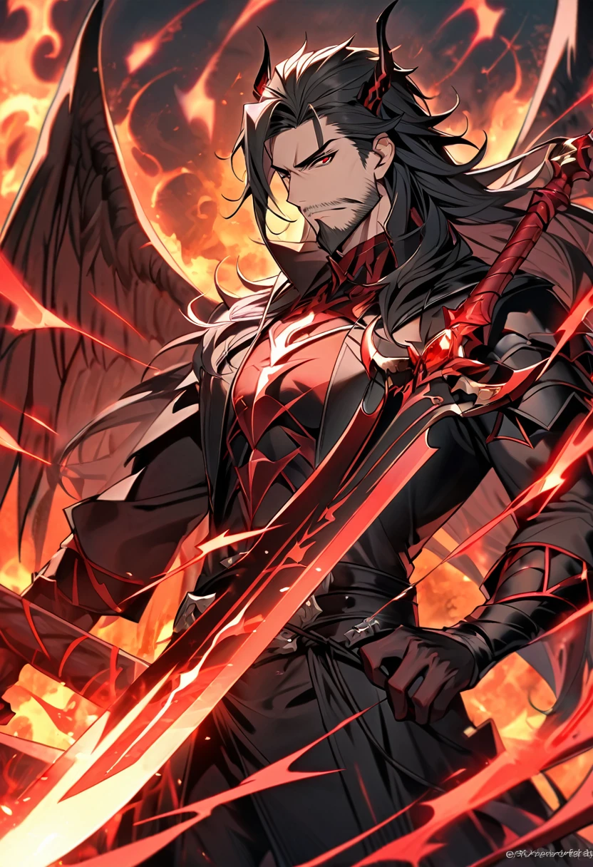 Handsome, bearded, single, 1 male, long hair tied back, black hair, black and red eyes, satan armor warrior outfit, magic style. black coat A huge power swirled like red fire and lightning mixed together. Holding the sword of a great warrior Satan's magical power resides in the great sword, Satan's Horn, Satan's Wings.