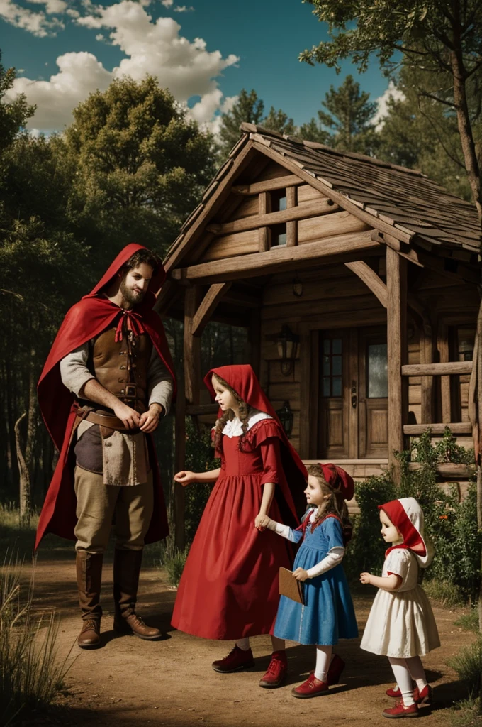 A family is at home recreating the story of Little Red Riding Hood, everyone participates in the work 