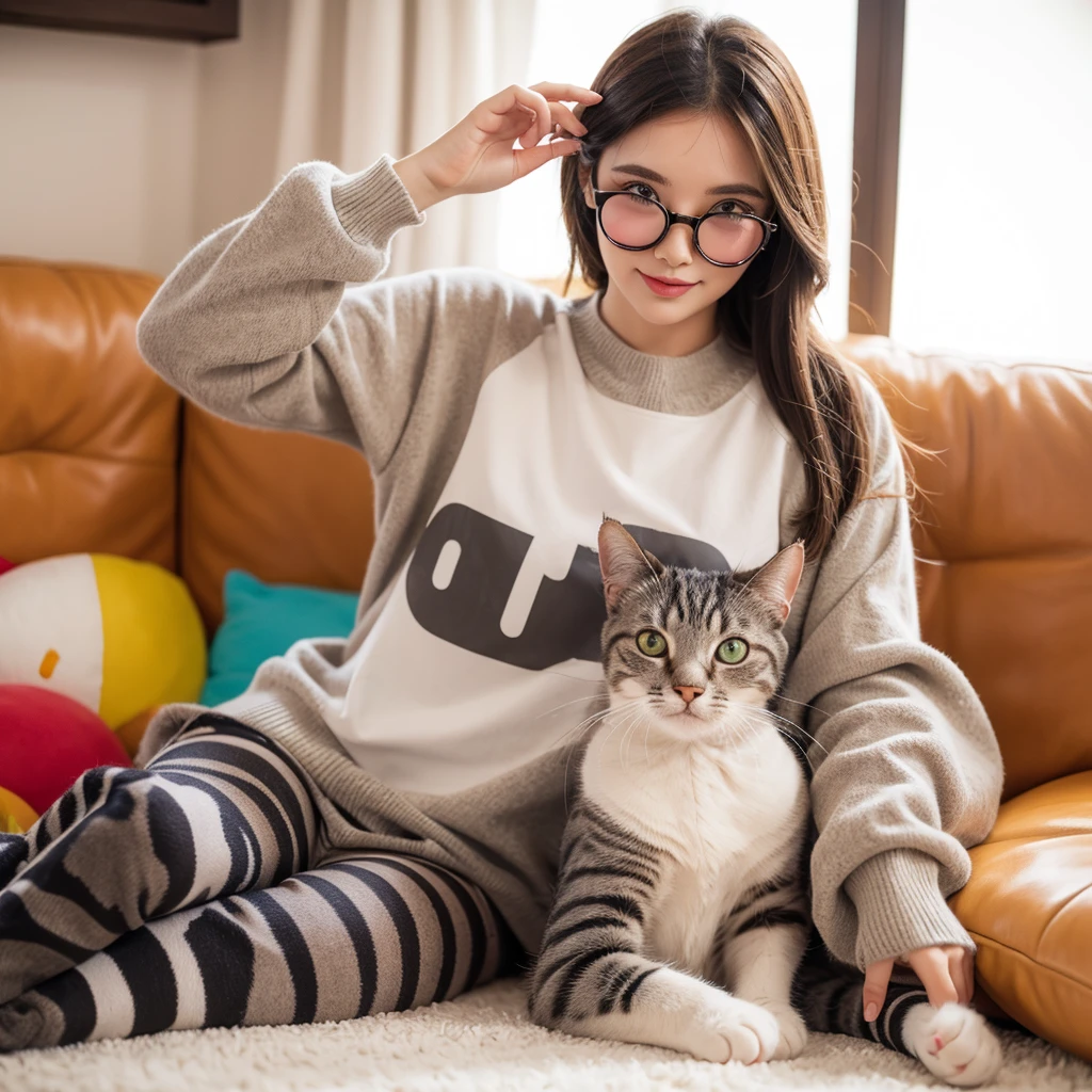 cat wearing round colored glasses, cute cat, funny pose, colorfull