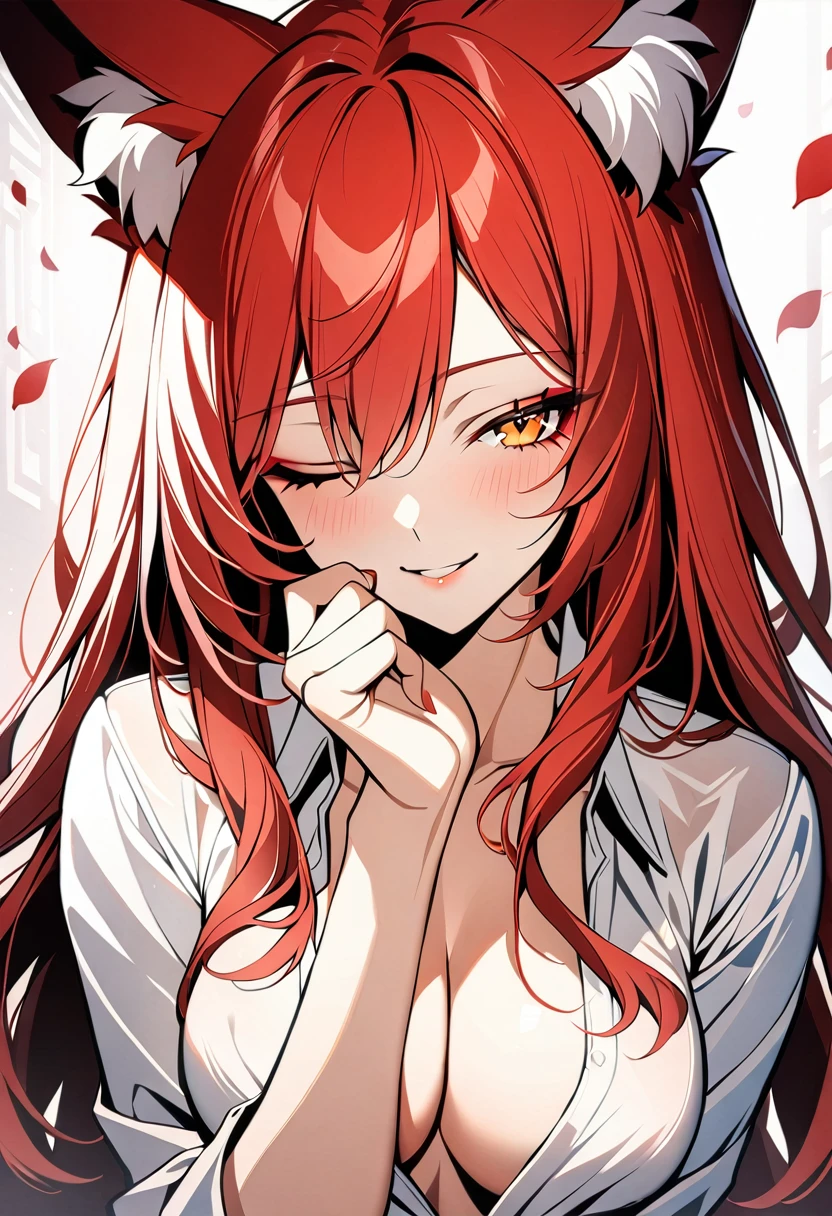 1girl, 20s, upper body, red hair, very long hair, fox ears, white shirt, breasts, looking at viewer, seductive smile, one eye closed, hand on own chin , petals, masterpiece, best quality