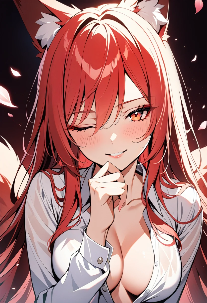 1girl, 20s, upper body, red hair, very long hair, fox ears, white shirt, breasts, looking at viewer, seductive smile, one eye closed, hand on own chin , petals, masterpiece, best quality