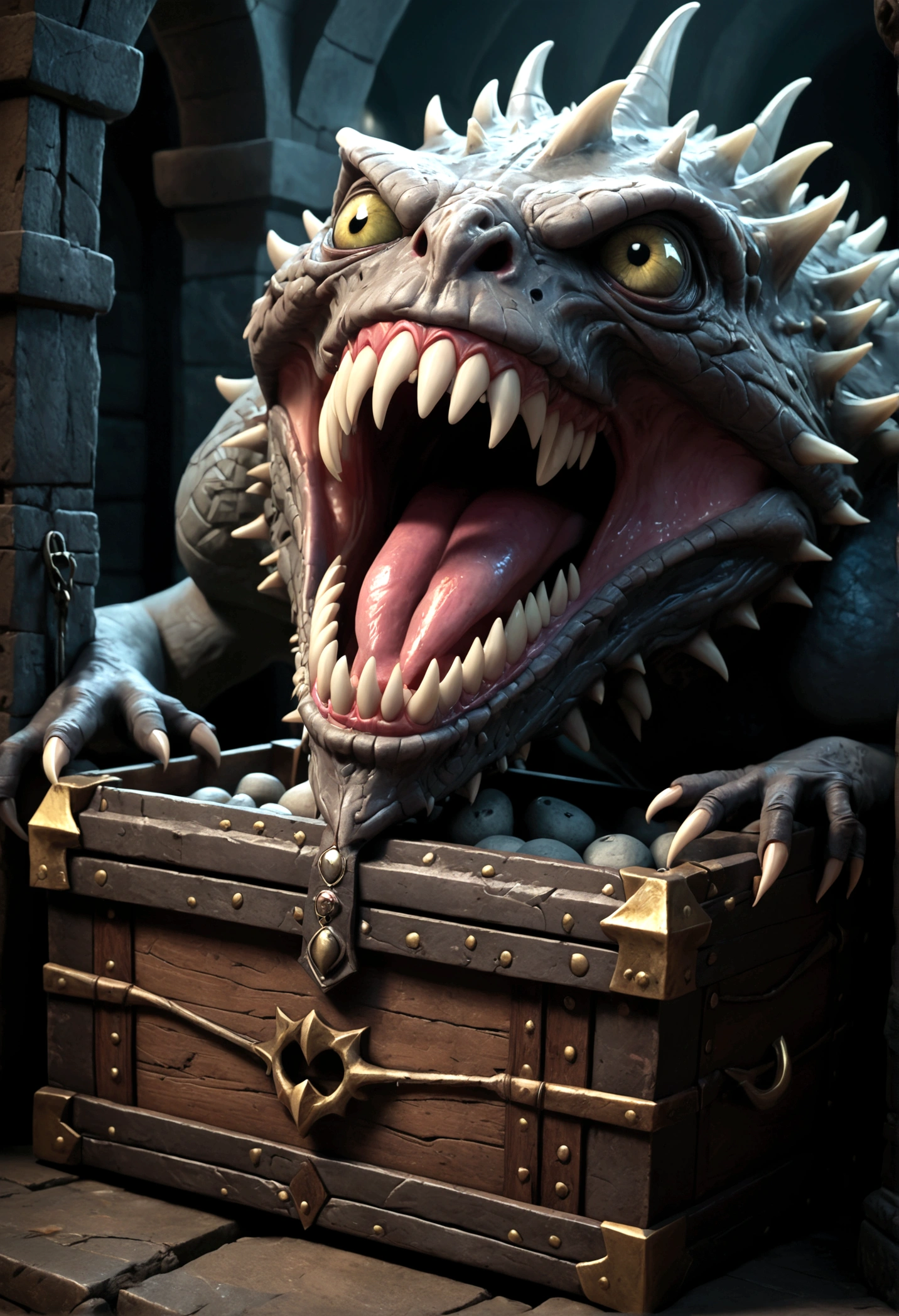 A chest in a dungeon, fantasy dungeon, dungeon chest, chest with eye stalks, chest yawning, toothy maw, detailed fantasy illustration, highly detailed, cinematic lighting, dramatic lighting, dark moody atmosphere, deep shadows, intricate details, grotesque, unsettling, sinister, (best quality,4k,8k,highres,masterpiece:1.2),ultra-detailed,(realistic,photorealistic,photo-realistic:1.37)