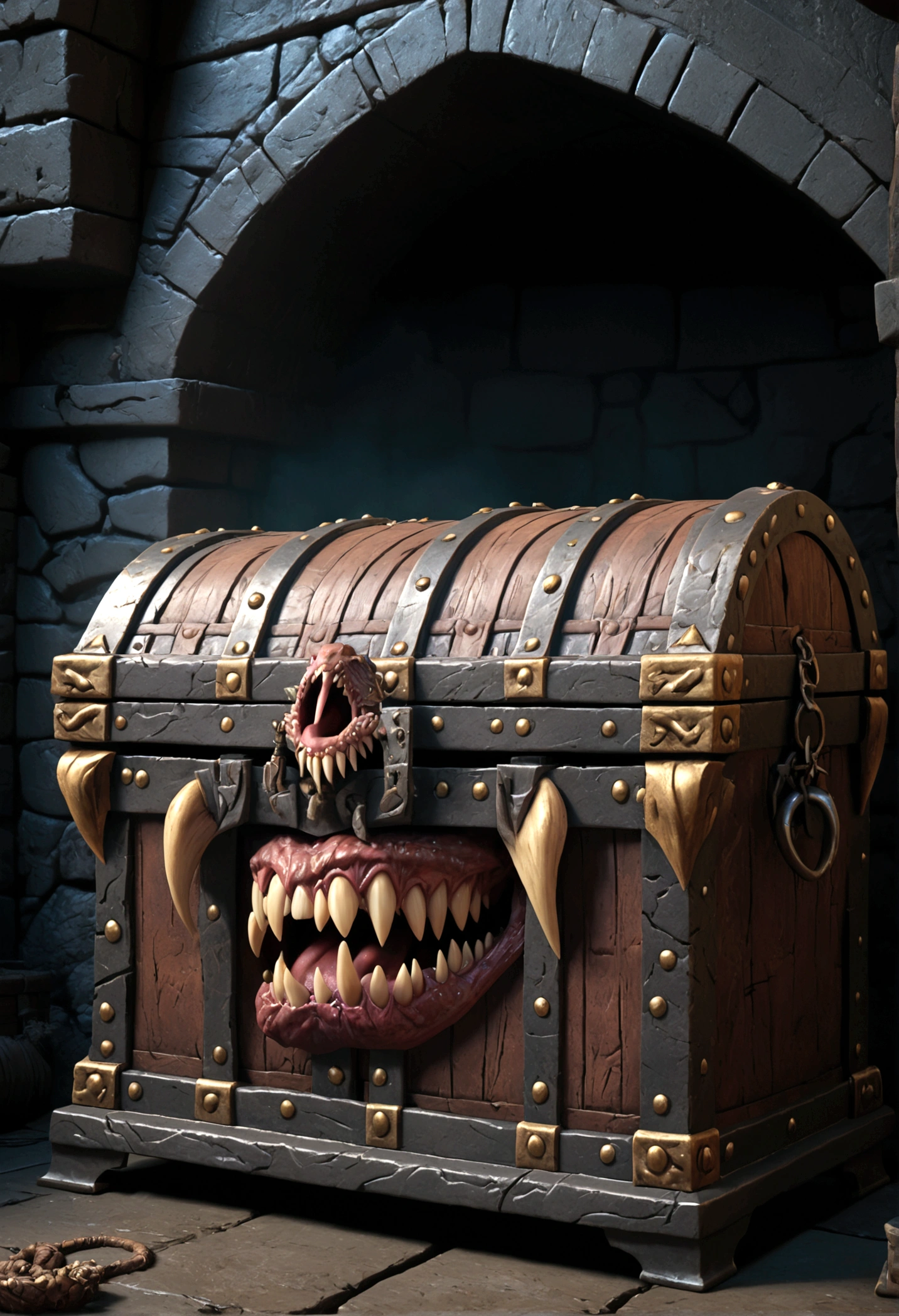 A chest in a dungeon, fantasy dungeon, dungeon chest, chest with eye stalks, chest yawning, toothy maw, detailed fantasy illustration, highly detailed, cinematic lighting, dramatic lighting, dark moody atmosphere, deep shadows, intricate details, grotesque, unsettling, sinister, (best quality,4k,8k,highres,masterpiece:1.2),ultra-detailed,(realistic,photorealistic,photo-realistic:1.37)