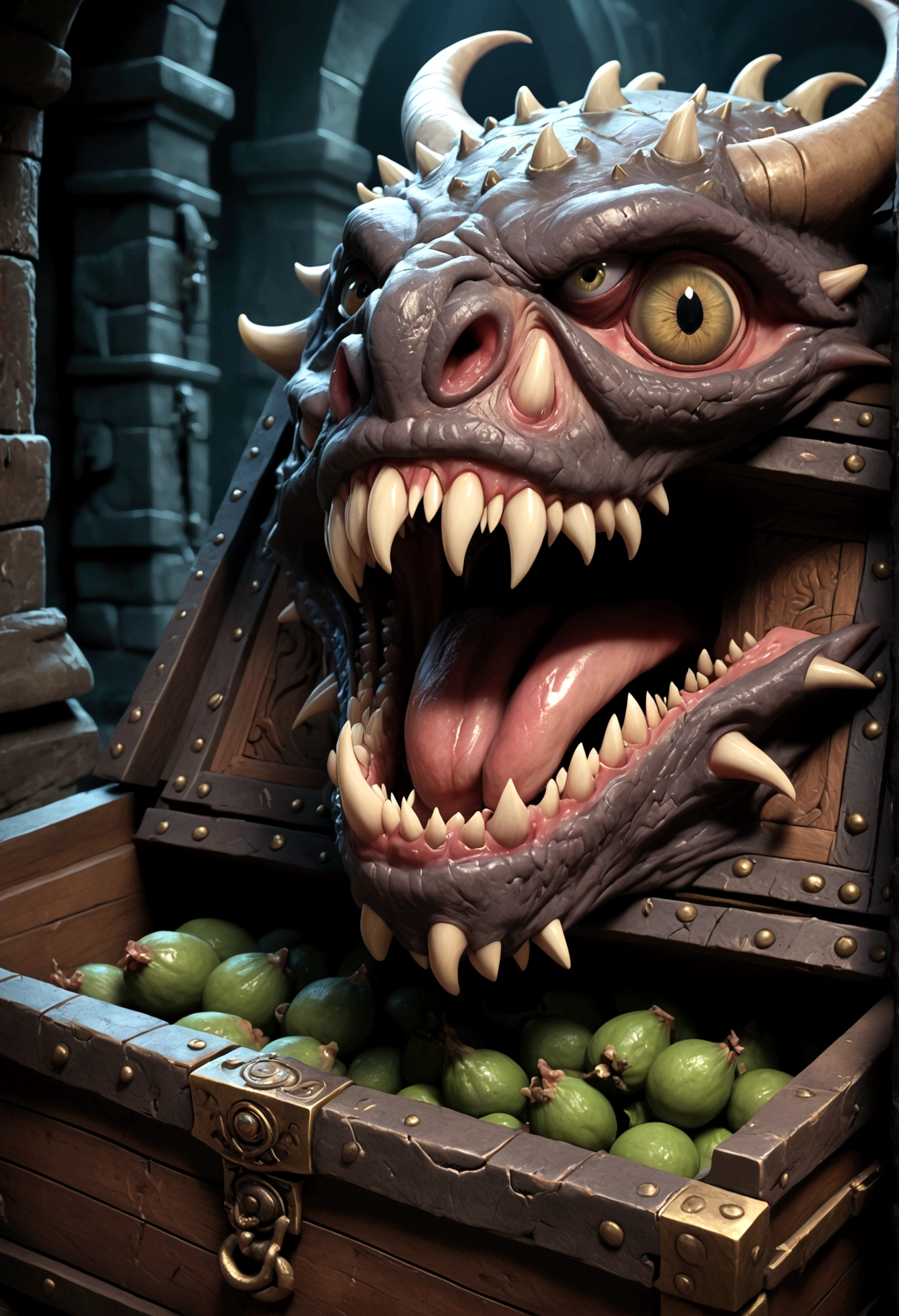 A chest in a dungeon, fantasy dungeon, dungeon chest, chest with eye stalks, chest yawning, toothy maw, detailed fantasy illustration, highly detailed, cinematic lighting, dramatic lighting, dark moody atmosphere, deep shadows, intricate details, grotesque, unsettling, sinister, (best quality,4k,8k,highres,masterpiece:1.2),ultra-detailed,(realistic,photorealistic,photo-realistic:1.37)