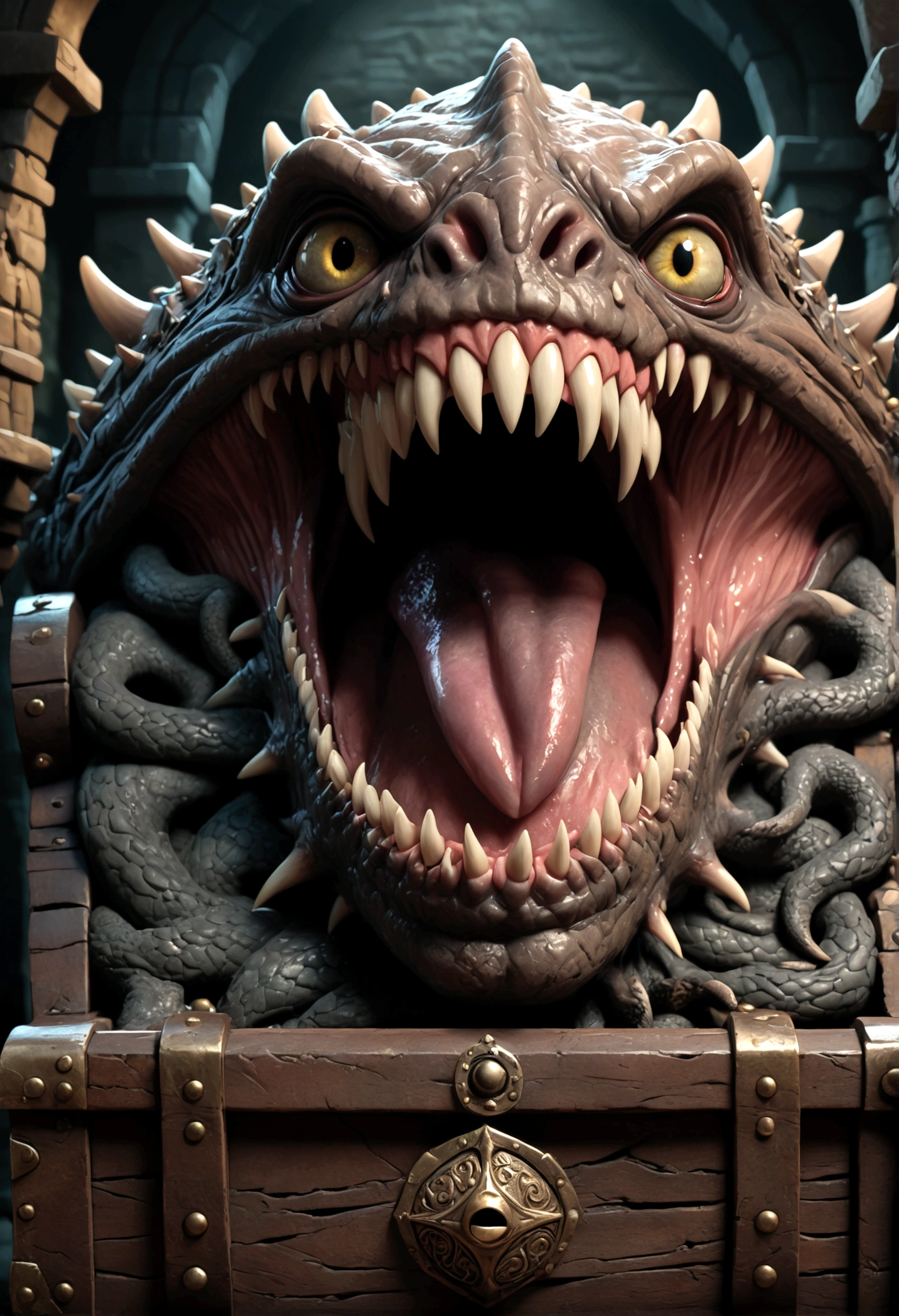 A chest in a dungeon, fantasy dungeon, dungeon chest, chest with eye stalks, chest yawning, toothy maw, detailed fantasy illustration, highly detailed, cinematic lighting, dramatic lighting, dark moody atmosphere, deep shadows, intricate details, grotesque, unsettling, sinister, (best quality,4k,8k,highres,masterpiece:1.2),ultra-detailed,(realistic,photorealistic,photo-realistic:1.37)
