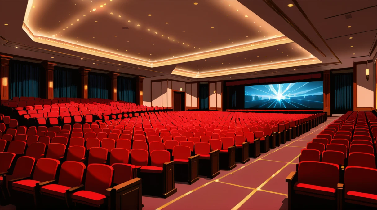 anime style movie background, Audience Hall \(room\) can u give me pictures of this auditorium and a construction plan for it if you can too