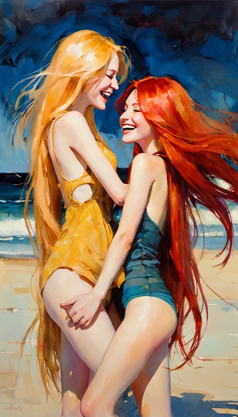 a girl with long red hair and a girl with long blonde hair on the beach, they laugh, affectionate,(art inspired by Bill Sienkiewicz). oil painting) 
