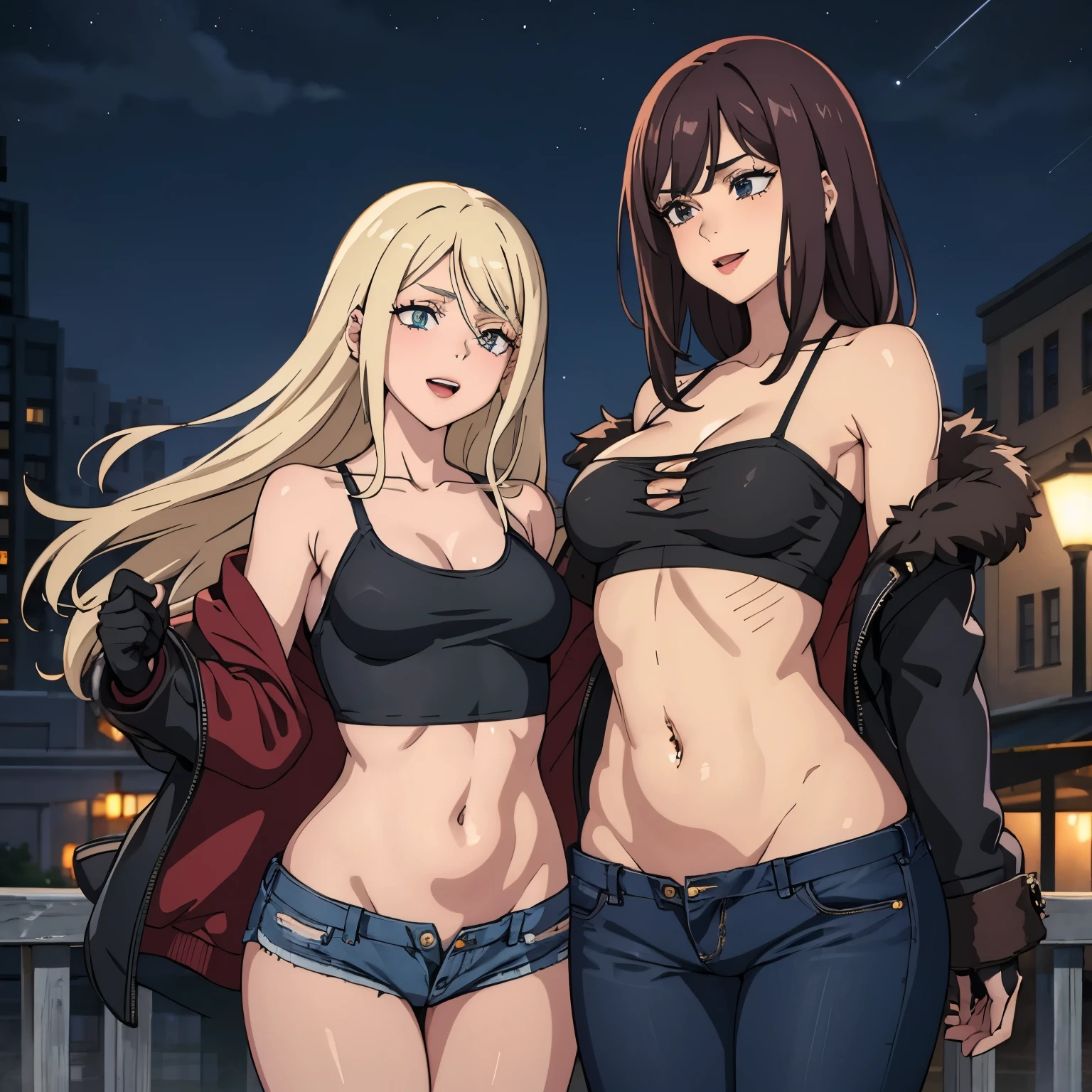 2girl, two girl , evil smile, smile, blush, lipstick, long hair, fur trim, mature female, gloves, fur-trimmed coat, outdoors, rooftop, cityscape, building, railing, night, night sky, scenery, city lights, lipstick, jacket, masterpiece,high quality,4k,  shoulder,belly,crop top,outdoor,cleavage,jeans,casual dress,street,road,smile, open mouth, () , holding a gun,handgun, evil expression, exposed belly, exposed navel, exposed midriff, exposed lower belly, crop top overhang, underboob, unbuttoned jeans , low rise black jeans, Low rise jeans, Low rise jeans with open fly, navel piercing