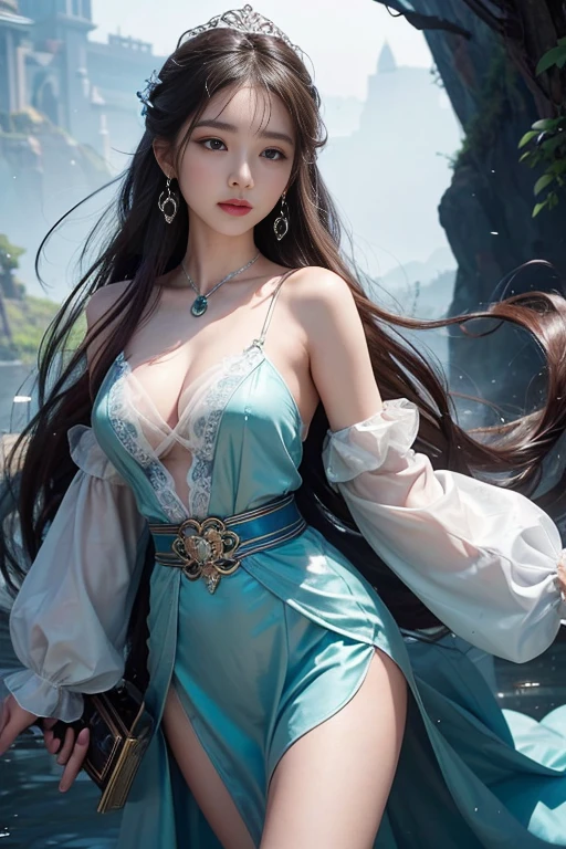 AncheReddressgirl, (masterpiece, best quality:1.2), 1girl, 独奏, In the depths of Wonderland，The moonlight falls like water，foggy room，The figure of the heroine is vaguely visible，Just like the fairy in the painting，Slender sexy legs，Very nice legs，Leaking sexy legs，Big breasts，Beautiful with a hint of mystery。Her face is beautiful and delicate，Like finely carved jade，Showing otherworldly beauty。The eyebrows are picturesque，The waves in my eyes are like twinkling stars，Show the light of perseverance and wisdom。The bridge of the nose is straight，Lip color like cherry，The slightly raised corners of the mouth reveal confidence and calmness。Her face is well defined，The skin is as fair as jade，Reveals a healthy glow，Just like a fairy, she never eats fireworks in the world。Her makeup is light and delicate，Not too much embellishment，But enough to show her temperament and charm。Light-colored foundation brings out the transparency of the skin，A light eyebrow pencil outlines her perfect eyebrow shape，Eye makeup is eye shadow and eyeliner，Make her eyes brighter and more energetic。Lips painted with grace lipstick，Adds a bit of charm and sophistication。Her clothes are graceful and chic，Clothes flutter，It seems like it will be blown up by the wind at any time，drifting into the distance。Without losing grace，Also showed her extraordinary skills。A wide belt is tied around the waist，There is a crystal clear jade pendant hanging on it，Rocking with her movements。Her hair is tied back casually，Secure it with a hosta，A few strands of hair are fluttering gently in the wind，Adds a bit of softness。Her figure is looming in the fairyland，宛如一道Big breasts beautiful的风景线，attracted everyone&#39;s attention。She seems to be a fairy in wonderland，Big breasts beautiful、grace、mystery、and full of power。