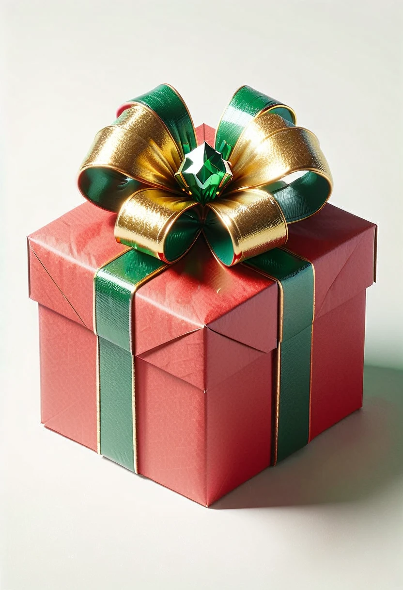 instant present, red cardboard box, green and gold bow, large teeth, gaping mouth, a present mimic, 
