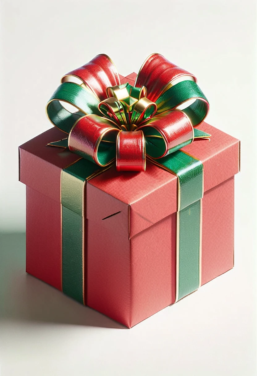 instant present, red cardboard box, green and gold bow, large teeth, gaping mouth, a present mimic,