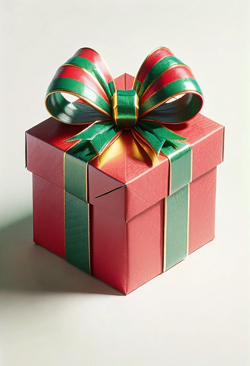 instant present, red cardboard box, green and gold bow, large teeth, gaping mouth, a present mimic, 