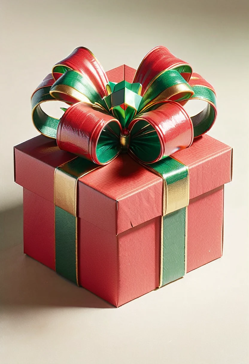 instant present, red cardboard box, green and gold bow, large teeth, gaping mouth, a present mimic,