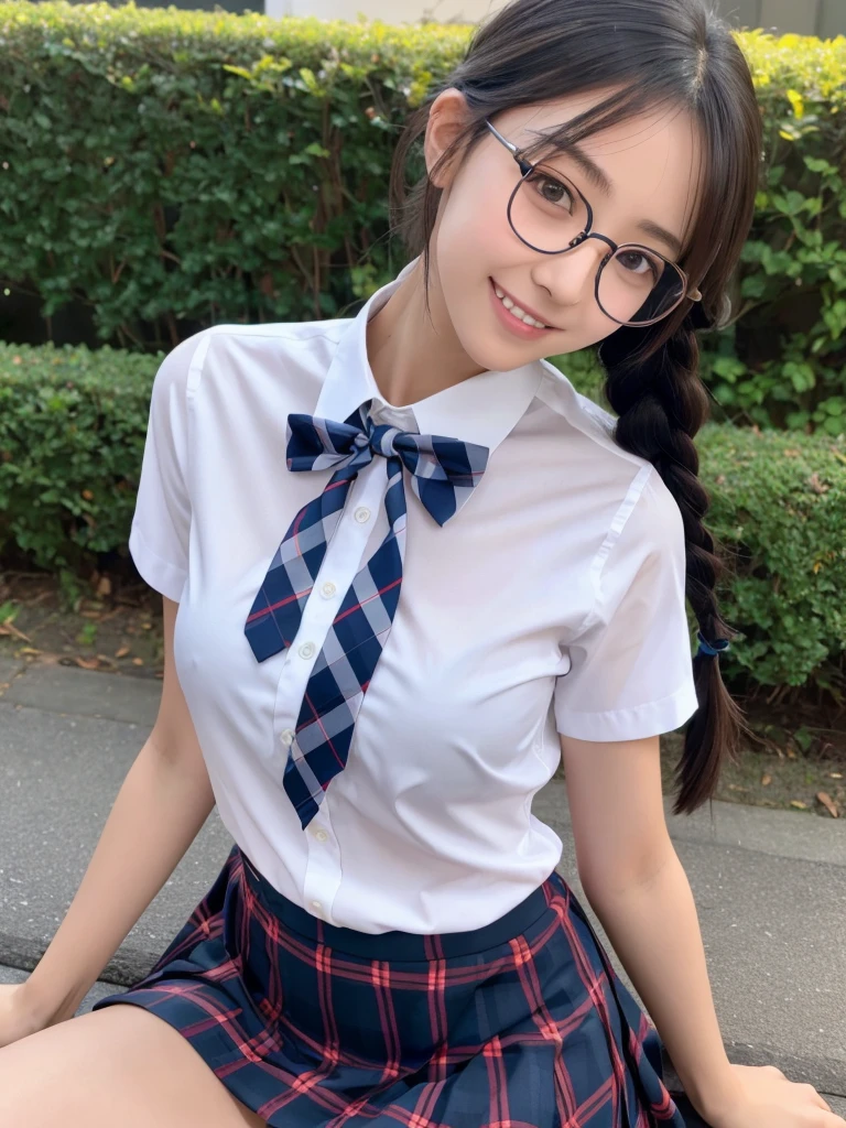 最high quality, 8K, Vibrant, Sharp focus, high quality, High resolution, (high school girl), (whole body), (Very slim and delicate body), Thin and beautiful legs, Thighs, Highly detailed eyes, Thick lips, Plump face, Collared shirt, Navy blue checkered long pleated skirt, Red bow tie, Braid, Glasses, A kind smile, Flat chest, Leaning forward,