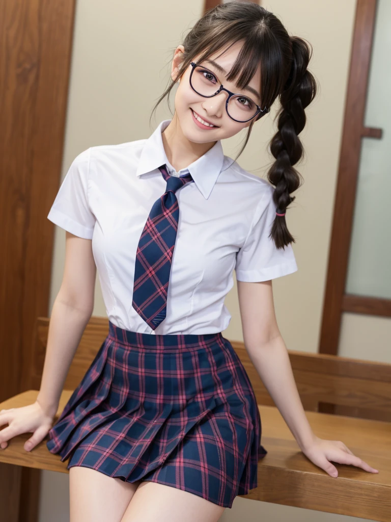 最high quality, 8K, Vibrant, Sharp focus, high quality, High resolution, (high school girl), (whole body), (Very slim and delicate body), Thin and beautiful legs, Thighs, Highly detailed eyes, Thick lips, Plump face, Collared shirt, Navy blue checkered long pleated skirt, Red bow tie, Braid, Glasses, A kind smile, Flat chest, Leaning forward, 