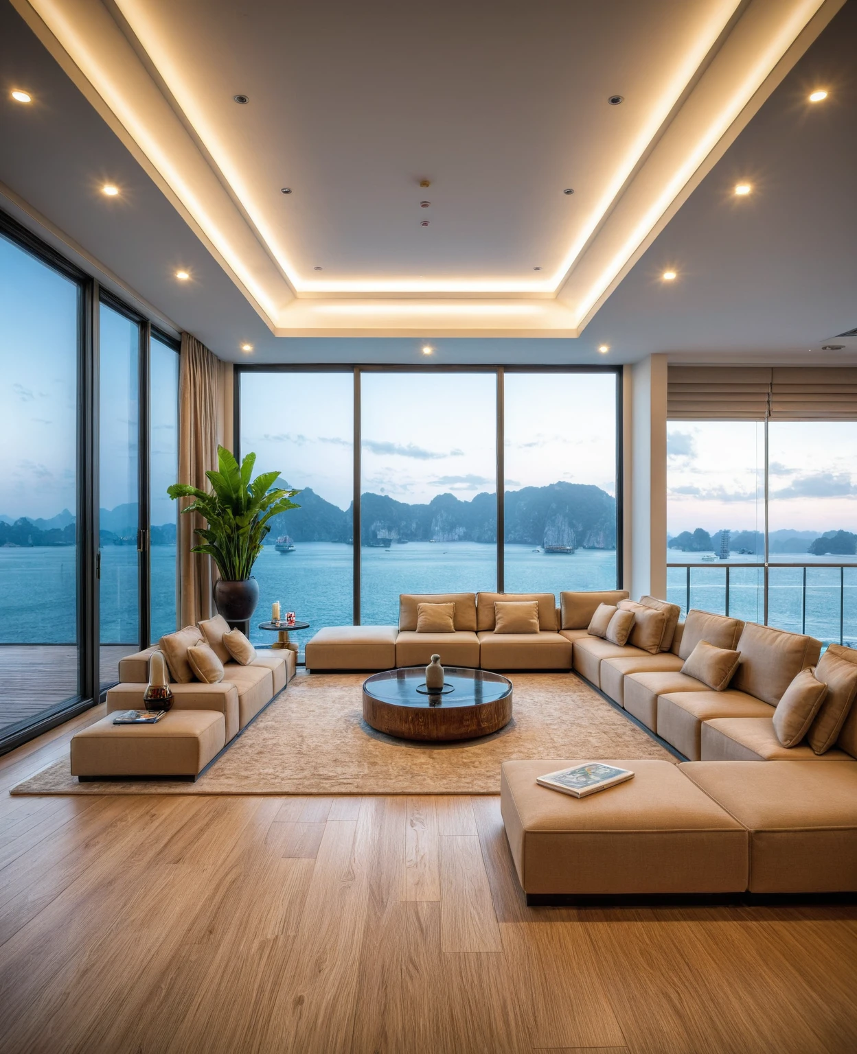 Raw photo,Masterpiece, high quality, best quality, authentic, super detail, interior, indoors, ((living room style modern luxury)), sunset, day light, sofa, table tea, carpet, cabinets, wood floor , (((chandeliers))), windows view sea halong bay , curtains, downlight, (flower vase), decorative cabinets, wine bottles, ornaments, books,