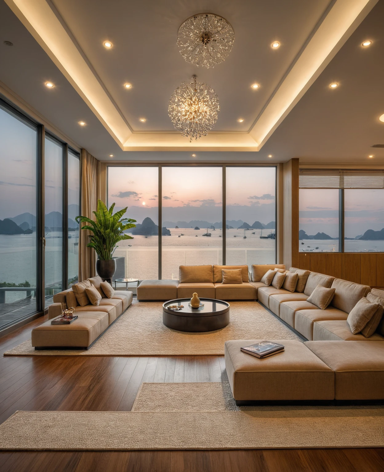 Raw photo,Masterpiece, high quality, best quality, authentic, super detail, interior, indoors, ((living room style modern luxury)), sunset, day light, sofa, table tea, carpet, cabinets, wood floor , (((chandeliers))), windows view sea halong bay , curtains, downlight, (flower vase), decorative cabinets, wine bottles, ornaments, books,