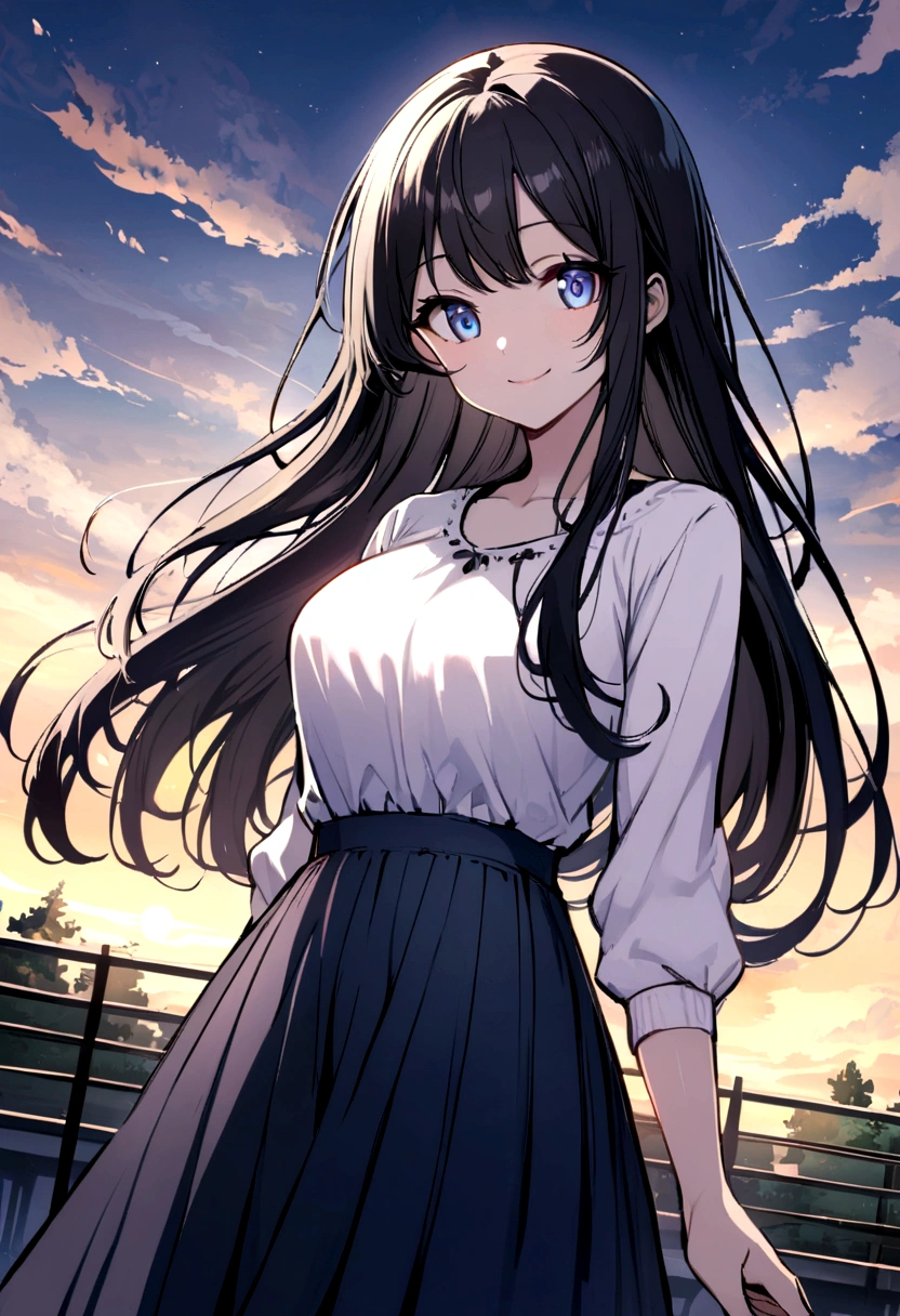 anime girl, beautiful, long black hair, navy blue eyes, slender, Casual clothes, big chest, SMILE, captivating face, very white light skin