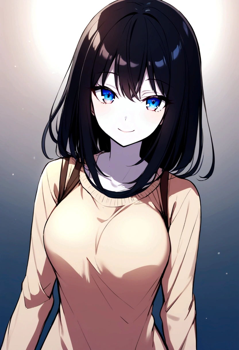 anime girl, beautiful, long black hair, navy blue eyes, slender, Casual clothes, big chest, SMILE, captivating face, very white light skin