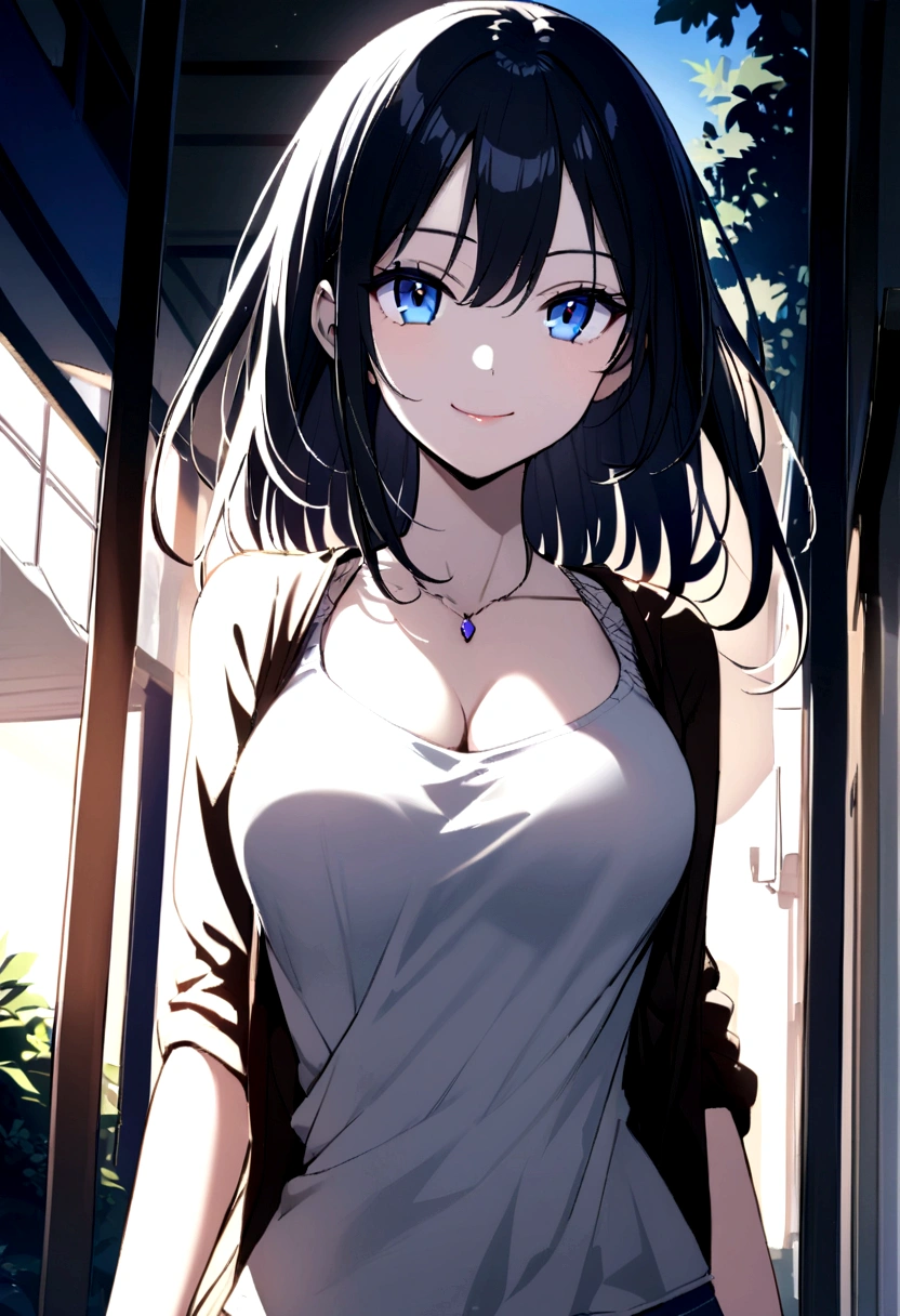 anime girl, beautiful, long black hair, navy blue eyes, slender, Casual clothes, big , SMILE, captivating face, very white light skin