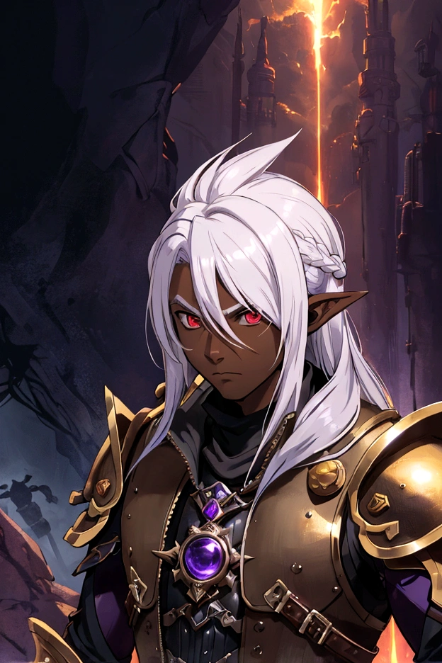 masterpiece, best quality, ultra high res, 1boy, (mix between dungeonpunk and steampunk armor), (wearing armor)fantasy illustration, dark skinned, human, upper body, portrait, red eyes, long white hair, Xemnas from Kingdom Hearts, half-drow, pointy ears, serious face, young man, dramatic lighting, purple hue, art by Kinema Citrus and Tetsuya Nomura