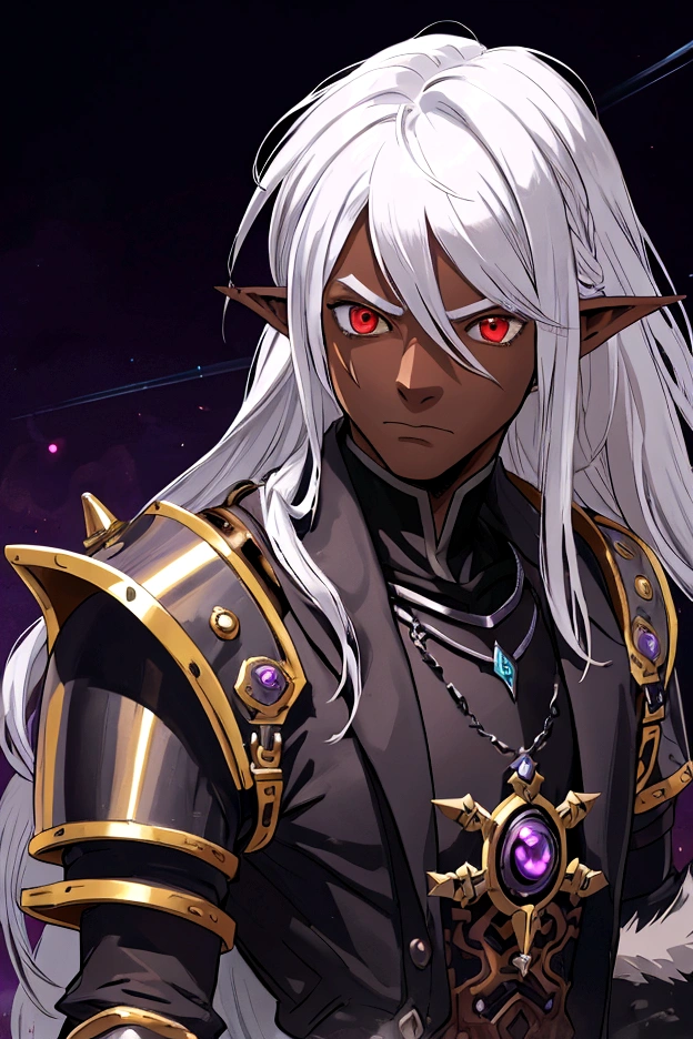 masterpiece, best quality, ultra high res, 1boy, (mix between dungeonpunk and steampunk armor), (wearing armor)fantasy illustration, dark skinned, human, upper body, portrait, red eyes, long white hair, Xemnas from Kingdom Hearts, half-drow, pointy ears, serious face, young man, dramatic lighting, purple hue, art by Kinema Citrus and Tetsuya Nomura