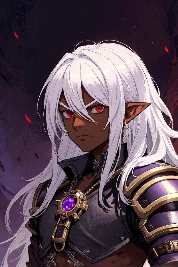 masterpiece, best quality, ultra high res, 1boy, (mix between dungeonpunk and steampunk armor), (wearing armor)fantasy illustration, dark skinned, human, upper body, portrait, red eyes, long white hair, Xemnas from Kingdom Hearts, half-drow, pointy ears, serious face, young man, dramatic lighting, purple hue, art by Kinema Citrus and Tetsuya Nomura