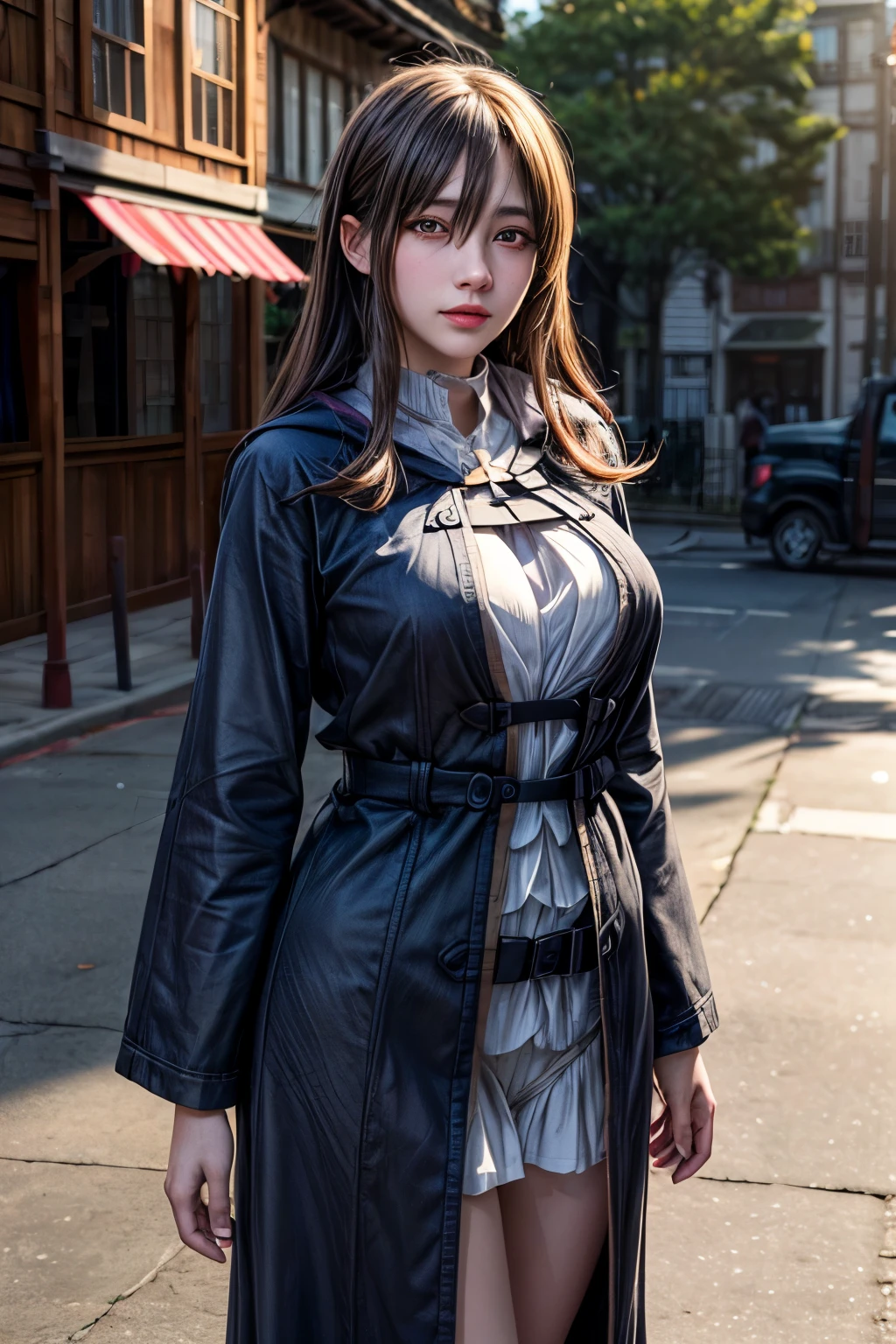 masterpiece, Highest quality, High resolution, One girl, Ah Wiz, Long Hair, Ahoge, Hair on one eye, Large Breasts, Robe, Long sleeve, Are standing, town, Outdoor, Cowboy Shot，（8K，RAW Photos），（Best Quality），（Masterpiece Loose），（Realistic，）（写実的でRealistic），（High resolution），Hyper Detail，（Gentel Realism：1.1），Beautiful Face， （1 Female：1.1），High resolution), (8K), (Very detailed), (4K), (Pixiv), Perfect Face, Beautiful eyes and face, (Highest quality), (Very detailed), Detailed face and eyes, (alone), Textured skin, Absurd, High resolution, 