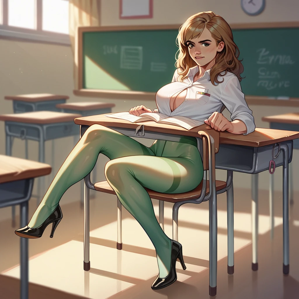 Full-length view, (Emma Watson as Hermione Granger), skinny young woman, 20yo, huge breast, FULL DETAILED LONG GREEN PANTYHOSE, tyny miniskirt showing crotch, high heels, sun light, classroom