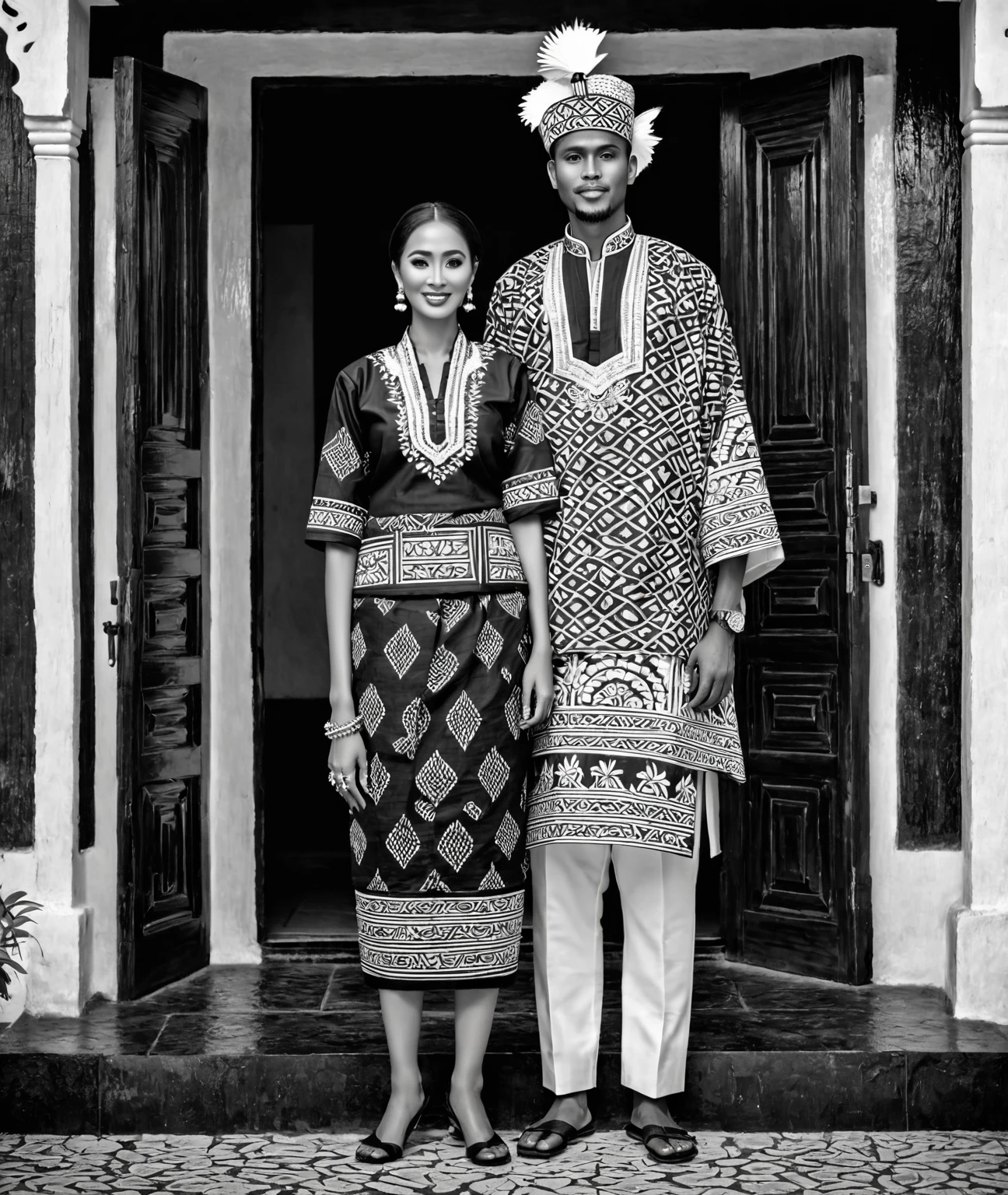 there are two people standing outside of a building wearing matching outfits, traditional clothes, lovely couple, traditional dress, traditional, couple, traditional clothing, wearing authentic attire, wearing traditional garb, ornate attire, batik, style of ade santora, wearing an elegant tribal outfit, in style of davey adesida, black & white, full protrait