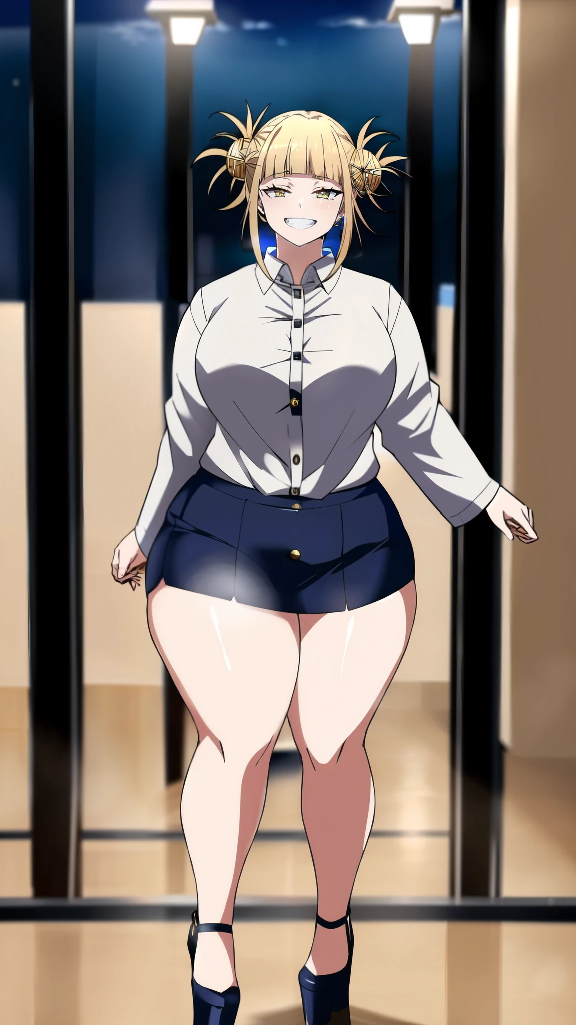 Himiko_toga, (masterpiece, highest quality,perfect lighting), 1 girl, alone, grin, portrait, , thick thighs, round ?????, high heels, Buttons fly off the shirt, Are standing, put your hands behind your back