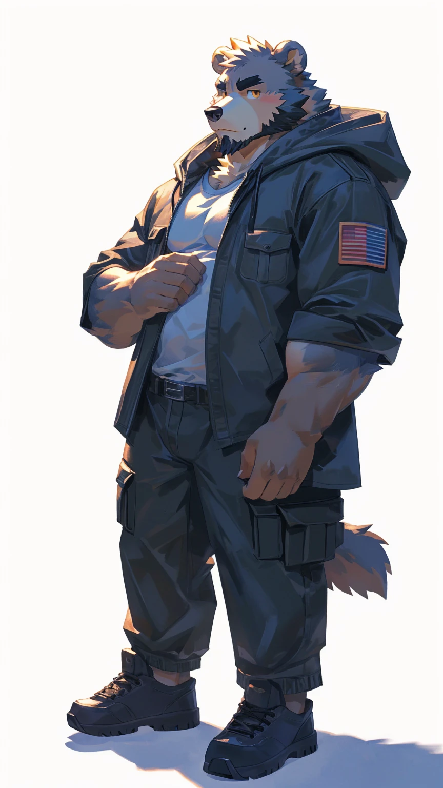 (masterpiece:1.2), best quality,pixiv,official art,perfect anatomy, (Ray tracing, light),solo, (1_male:1.3) , (muscle), (grey fur:1.4), (muscle bear), (beard:1.2), (gleaming golden eyes), bear tail, Thick black eyebrows,(open hooded parka), (shirt inside), jeans, (cargo pants:1.2), black shoes, (pure white background: 1.3)