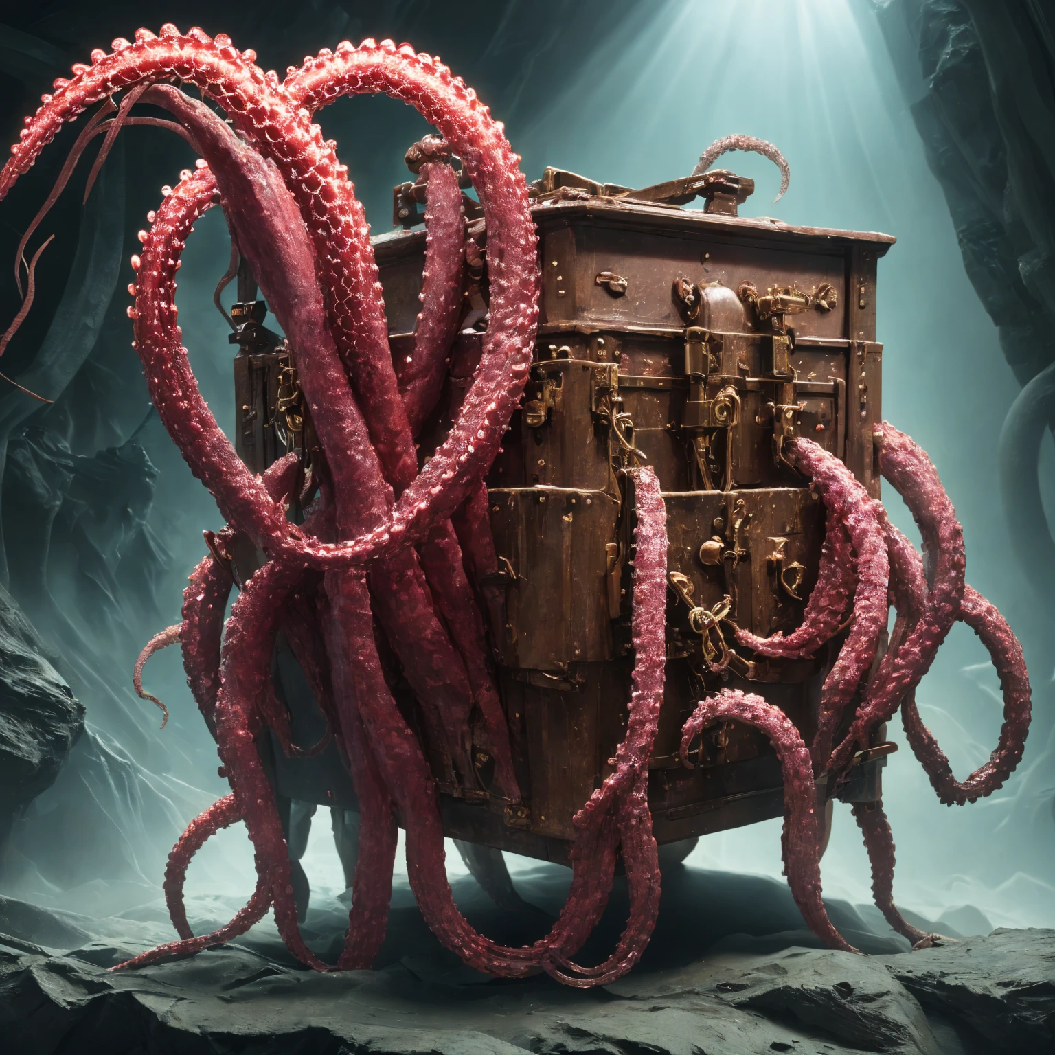 photo and gross, mimic:1.3, wooden chest:1.3, fleshy interior, long tongue:1.3, meat, saliva, TentacleHorrorAI, (extended tentacles:1.21), Sharp teeth, dungeon background, 8k hd, DSLR, cinematic lighting, high quality, realistic photo, (raw photo, Best Quality, Masterpiece, photorealistic, of the highest quality, Maximum image quality, high resolution, 8k, HD:1.2), vibrant,ethereal lighting,sharp focus,ultra detailed,((Extremely detailed 8k unified CG wallpaper)), surreal and dreamlike textures,magical and mysterious essence,unexplored and undiscovered wonders,sculptural and abstract elements,transcendent composition, visual effects, photorealistic, digital composition master class