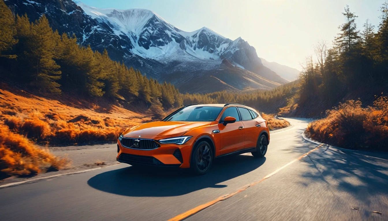 A vibrant orange car is moving on a deserted winding road, surrounded by dry vegetation and tall grasses. The scenery is dominated by a majestic snow-covered volcano in the background., towering imposingly against a clear blue sky. on the right, a dark blue lake adds a serene contrast to the panorama. Bright sunlight illuminates the scene, highlighting the color of the car and the shadows cast on the road. The feeling is of freedom and adventure, with the vehicle exploring a vast and stunning natural landscape.hyper realistic composition,32k resolution,cinematic composition,cinematic color grading.photography whit Phaseone 85mm,depth of field





