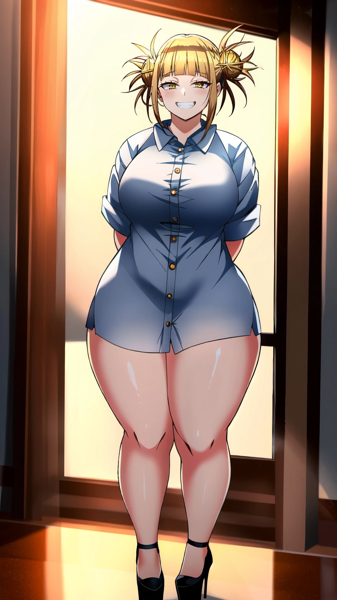 Himiko_toga, (masterpiece, highest quality,perfect lighting), 1 girl, alone, grin, portrait, , thick thighs, round ?????, high heels, Buttons fly off the shirt, Are standing, put your hands behind your back