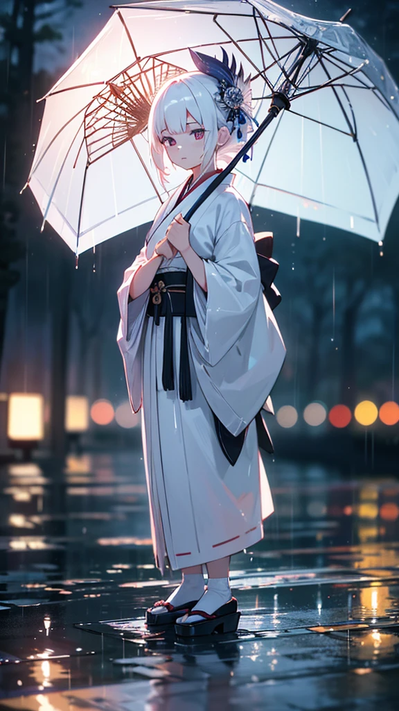 1girl, white hair, traditional japanese clothing, sad expression, rain, wet clothes, full body, puddles, reflections in puddles, moody, atmospheric, fantasy, (best quality,4k,8k,highres,masterpiece:1.2),ultra-detailed,(realistic,photorealistic,photo-realistic:1.37),HDR,UHD,studio lighting,ultra-fine painting,sharp focus,physically-based rendering,extreme detail description,professional,vivid colors,bokeh