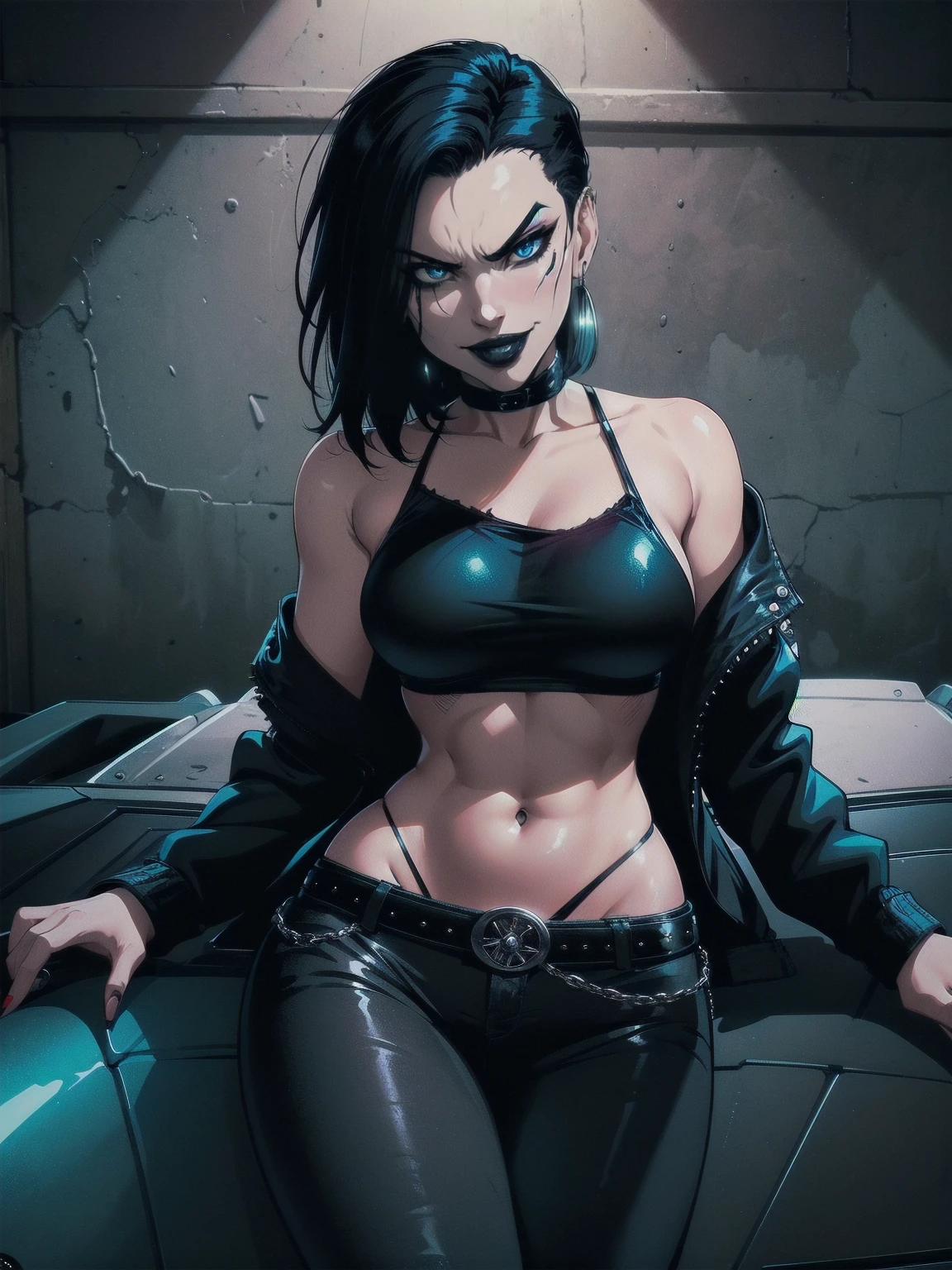 a woman with medium black hair, hair on shoulders,  wearing black pant, black jacket,  blue eyes, gothic art, cute aesthetic with vibe, toon aesthetic, wearing gothic accessories, look like Cassie Hack, upper body, angry clown smile,  sitting on the car, garage background, dinamic poses