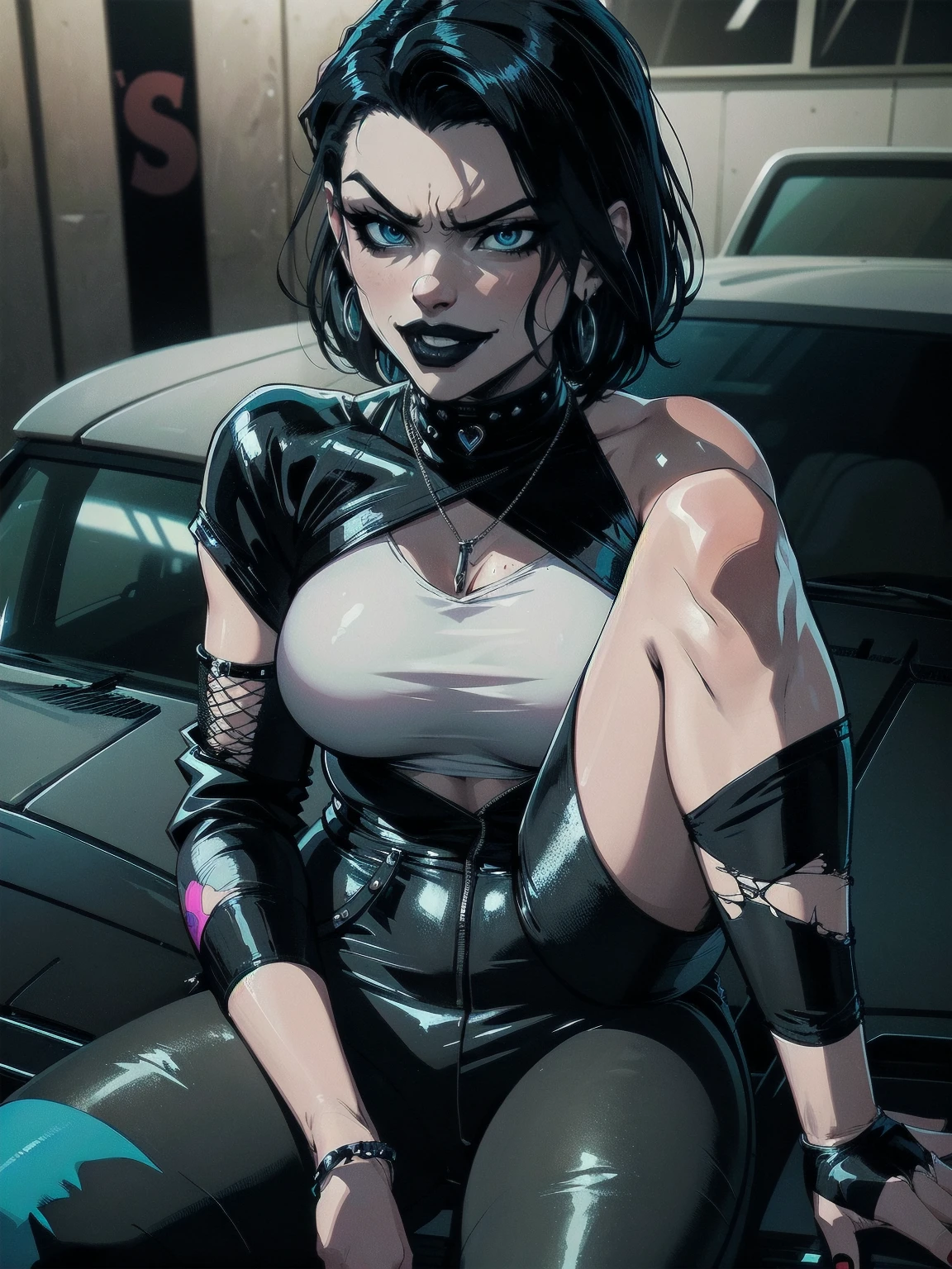 a woman with medium black hair, hair on shoulders,  wearing black pant, black jacket,  blue eyes, gothic art, cute aesthetic with vibe, toon aesthetic, wearing gothic accessories, look like Cassie Hack, upper body, angry clown smile,  sitting on the car, garage background, dinamic poses