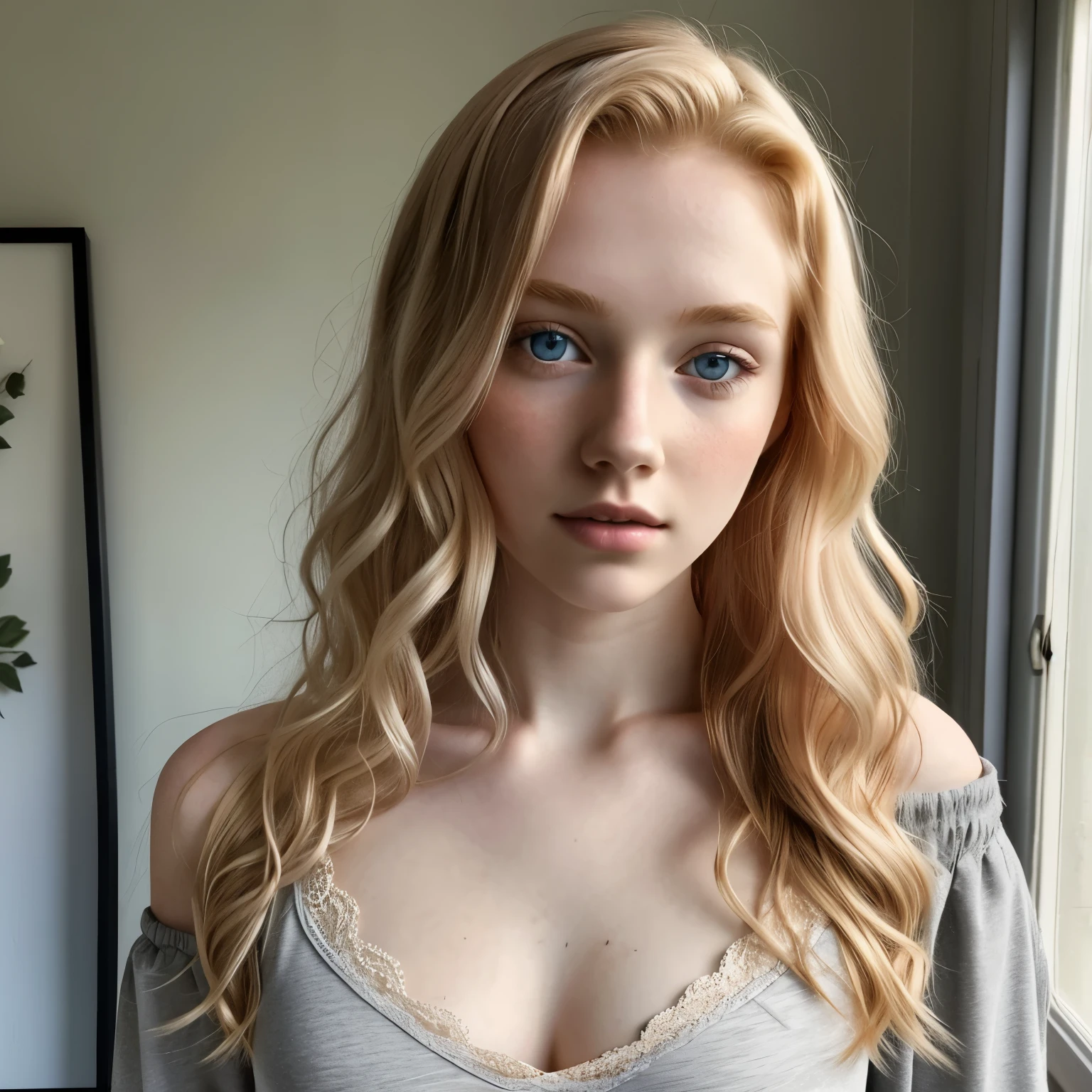 One Girl, 19 years old, alone, Aesthetic artwork, Irish, Wavy strawberry blonde hair, Shoulder-length hair, Grey Eyes, Light grey eyes, Pale skin, C Cup, Center of chest, runner&#39;Body, (Textured skin, Skin pores:1.1), It gives me goosebumps, Lying on a hard bed in the bedroom、Wearing a T-shirt that reveals her underboobs, Looking into the camera, roller:Up shirt-000015:1