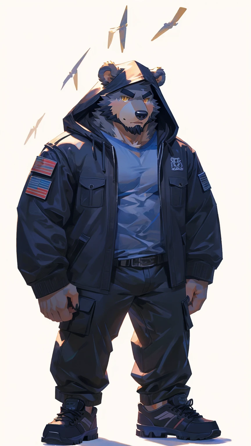 (masterpiece:1.2), best quality,pixiv,official art,perfect ???????, (Ray tracing, light),solo, (1_male:1.3) , (muscle), (grey fur:1.4), (muscle bear), (beard:1.2), (gleaming golden eyes), bear tail, Thick black eyebrows,(open hooded parka), (shirt inside), jeans, (cargo pants:1.2), black shoes, (pure white background: 1.3)