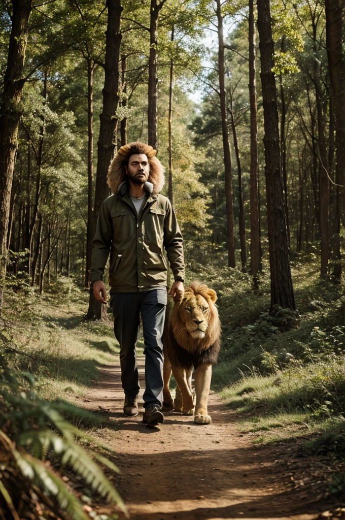 Lion image walk in forest 