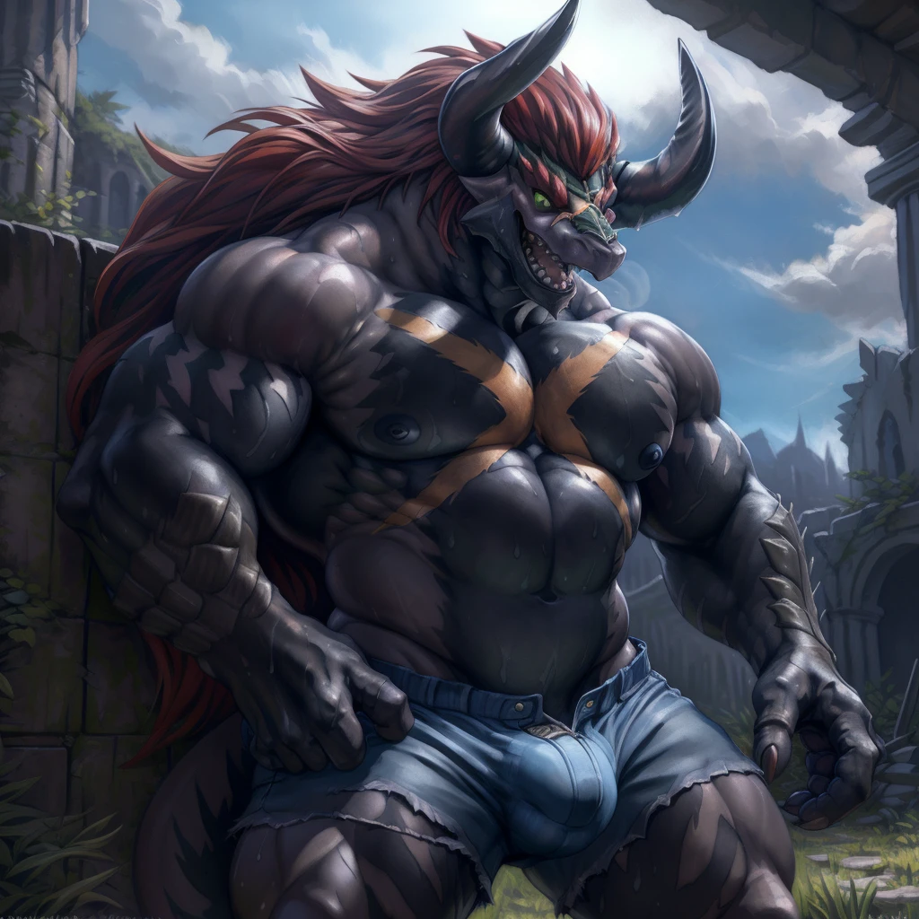 solo, breath (ultra detailed), a beautiful and detailed full size portrait of a male anthro batzz, demon lord dragon batzz, dragon tail, green eyes, glowing eyes, black body, black skin, long hair, red hair, horns, scar, tail, bedroom eyes, detailed eyes, big body, y body, (wide body). goddess, kenket, Ross Tran,ruan jia, trending on artstation,foxovh, cenematic lighting, buff, big pecs, dakimakura design, muscular anthro, spike arms, strong legs, ((big pecs, nipig pecs, blue shorts, bulge))), day, wet, front view, front shot, standing, against wall, ruins, big butt, blus(holding bulge)), open mouth, sexy, vip, sweng, sweat drop, wet, all wet,
