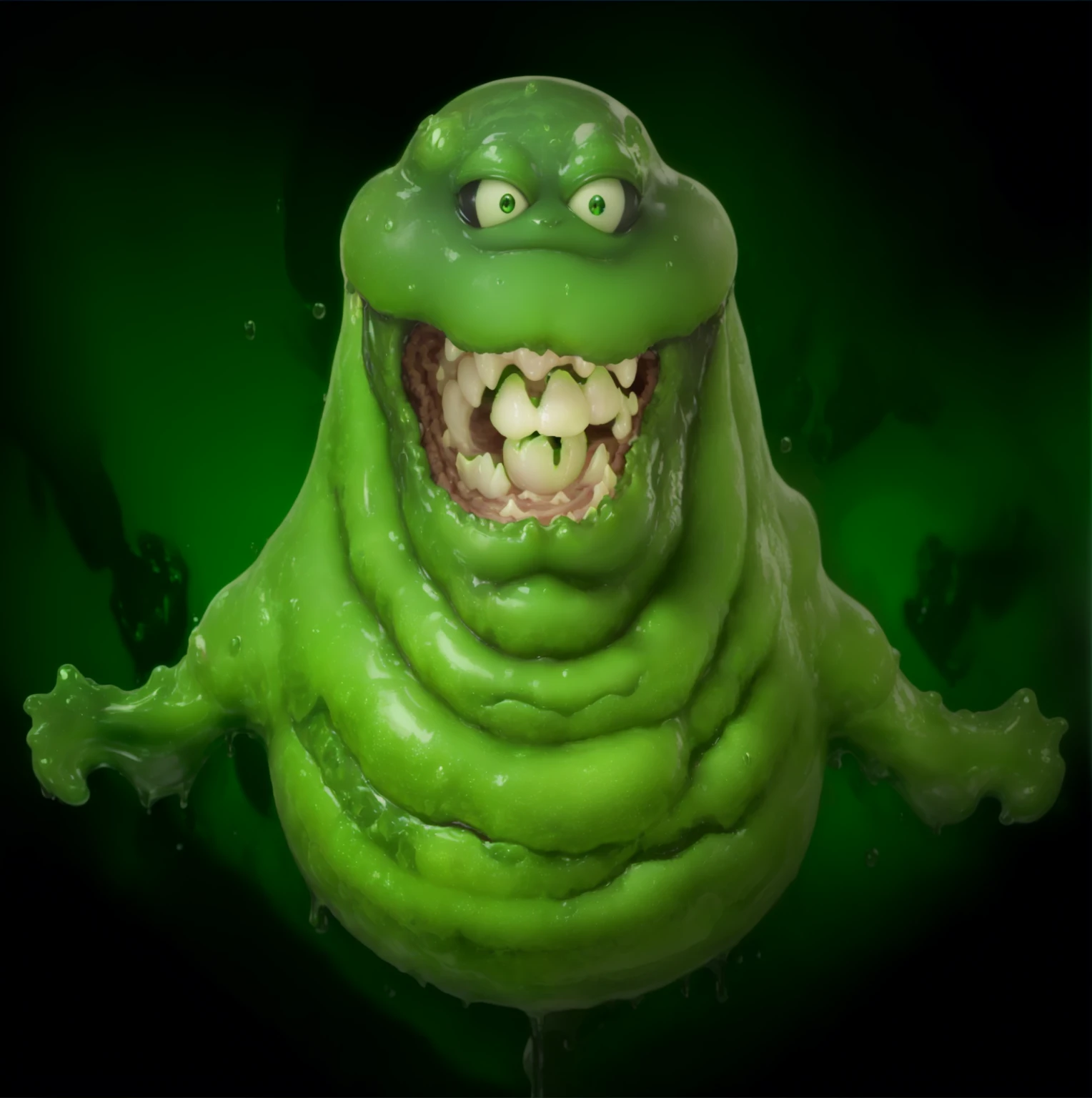a close up of a green creature with a big smile on its face, thinner, gelatinous texture,ghostbusters character, slime monster,