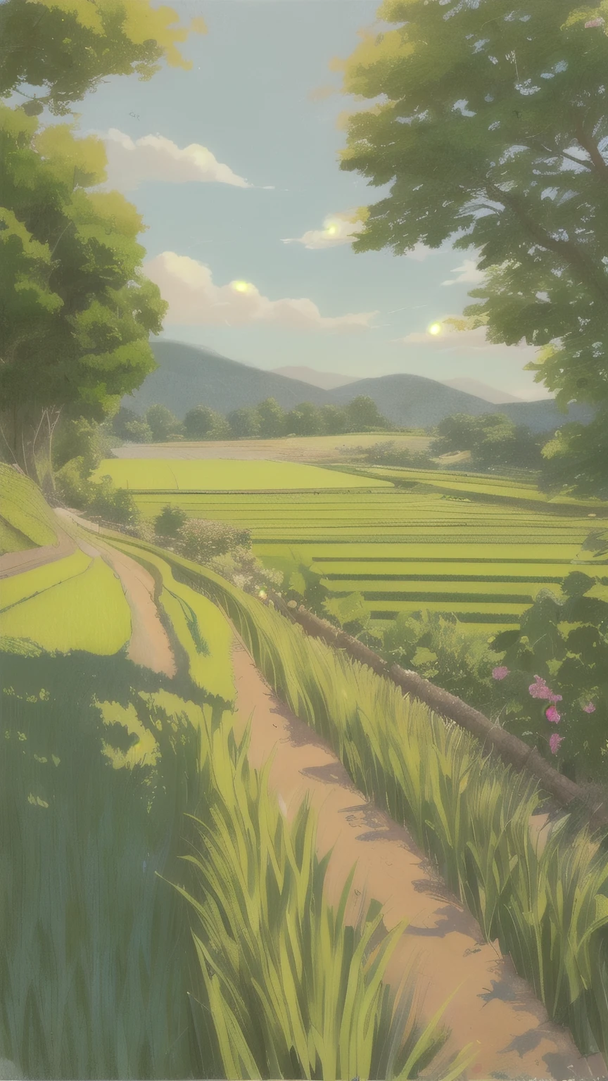 High resolution、Fine details、Colorful、Smooth brush strokes、A balanced composition、Realistic Light and Shadow、Positive atmosphere、Natural and beautiful scenery、Clear, clean lines、Overall, there is harmony、Anime-style illustrations、Beautiful rice field scenery、Shining green rice、Bright sunlight on a sunny day、Wide blue sky、Soft Clouds、Relaxed atmosphere、Filled with warm light、Peaceful countryside scenery、Scenes that show the beauty of nature