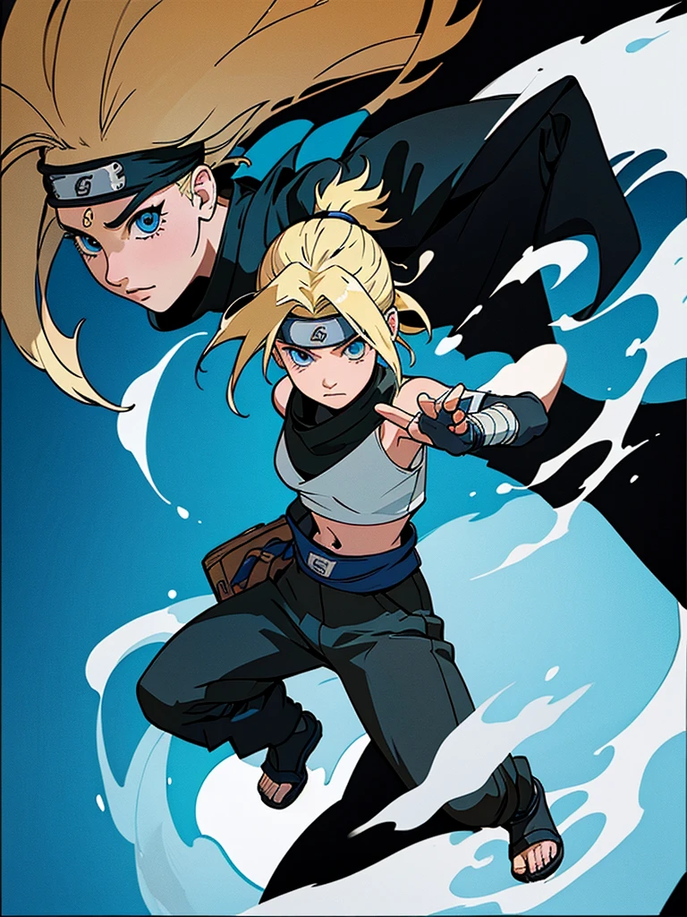 young girl, Blonde, blue eyes, bangs, short shoulder length hair, makeup, big breasts, small waist, flat stomach, Wide hips, ninja, loose black pants, below the waist, foot bandages, white cropped t-shirt, short sleeves, gloves, ninja style, konoha bandana on the waist, Leaf Village, stop looking at the village, perfect lighting, detailed shadows, high quality, HD, 4k, Naruto, Masterpiece, ninja style