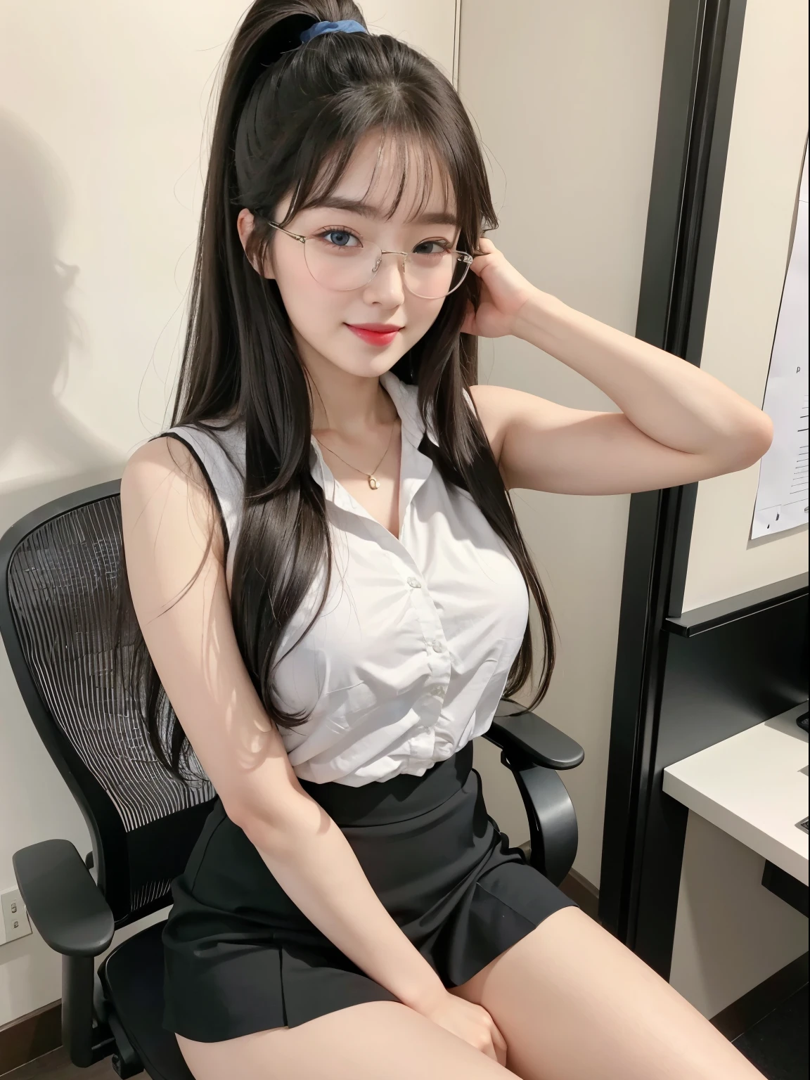 (Best quality, masterpiece, detailed), (RAW, 4k, hd images), shy, 1 girl, 17 years old, white skin, long hair, ponytail, layers hair, bangs, black hair, beautiful girl, cute girl, sweet girl, pretty girl, perfect girl, pretty eyes, blue eyes, thin lips, thin, (eye line, lip stick soft), perfect , glasses(detailed frame), office room, smile, thigh, white blush clothes, black short skirt, sit on the chair, office decorations