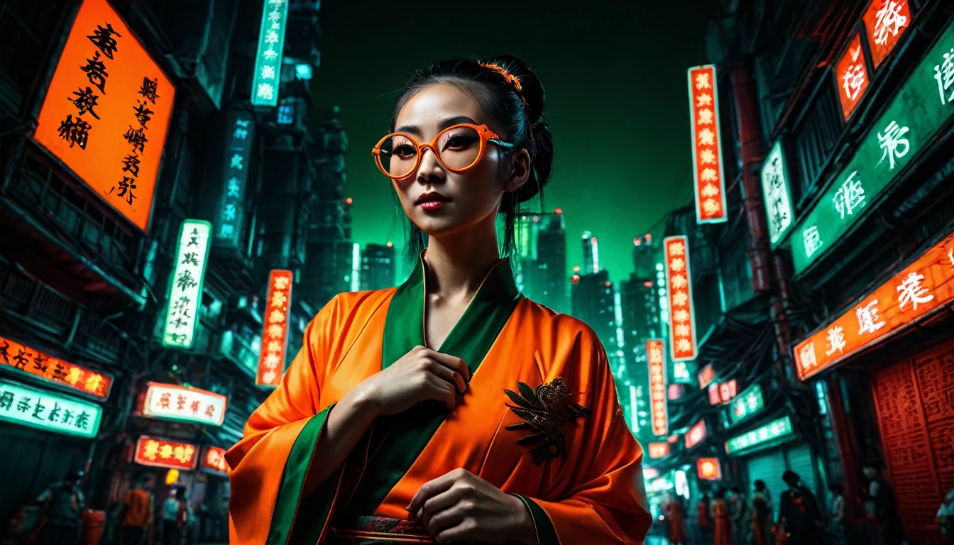 Dark night cyberpunk background，Neon，A woman wearing orange and dark green national style，Chinese clothing，抱着Neon，With round black glasses，Wide-angle shooting，High Definition Rendering，Extreme details